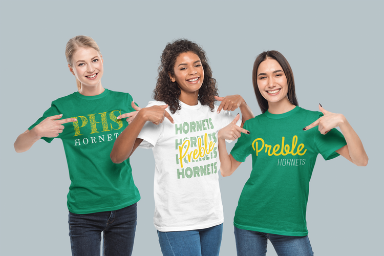 three girls in preble hornets tee shirts
