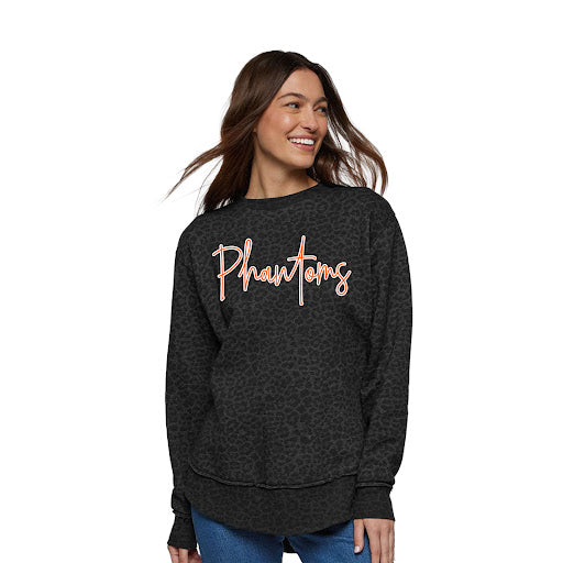 two women in crewneck sweatshirts with a floral west de pere logo and a man wearing a backward patched orange trucker hat