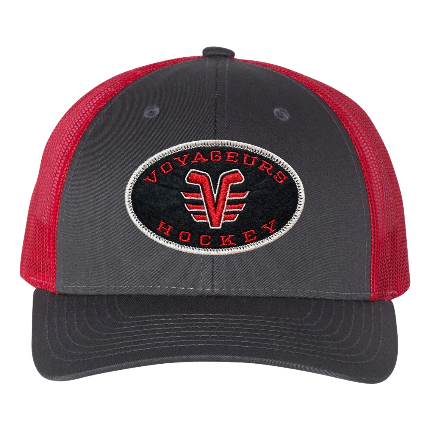 De Pere Voyageurs Hockey Snapback Trucker Hat - Charcoal Gray & Red Oval Patch Mid-Profile