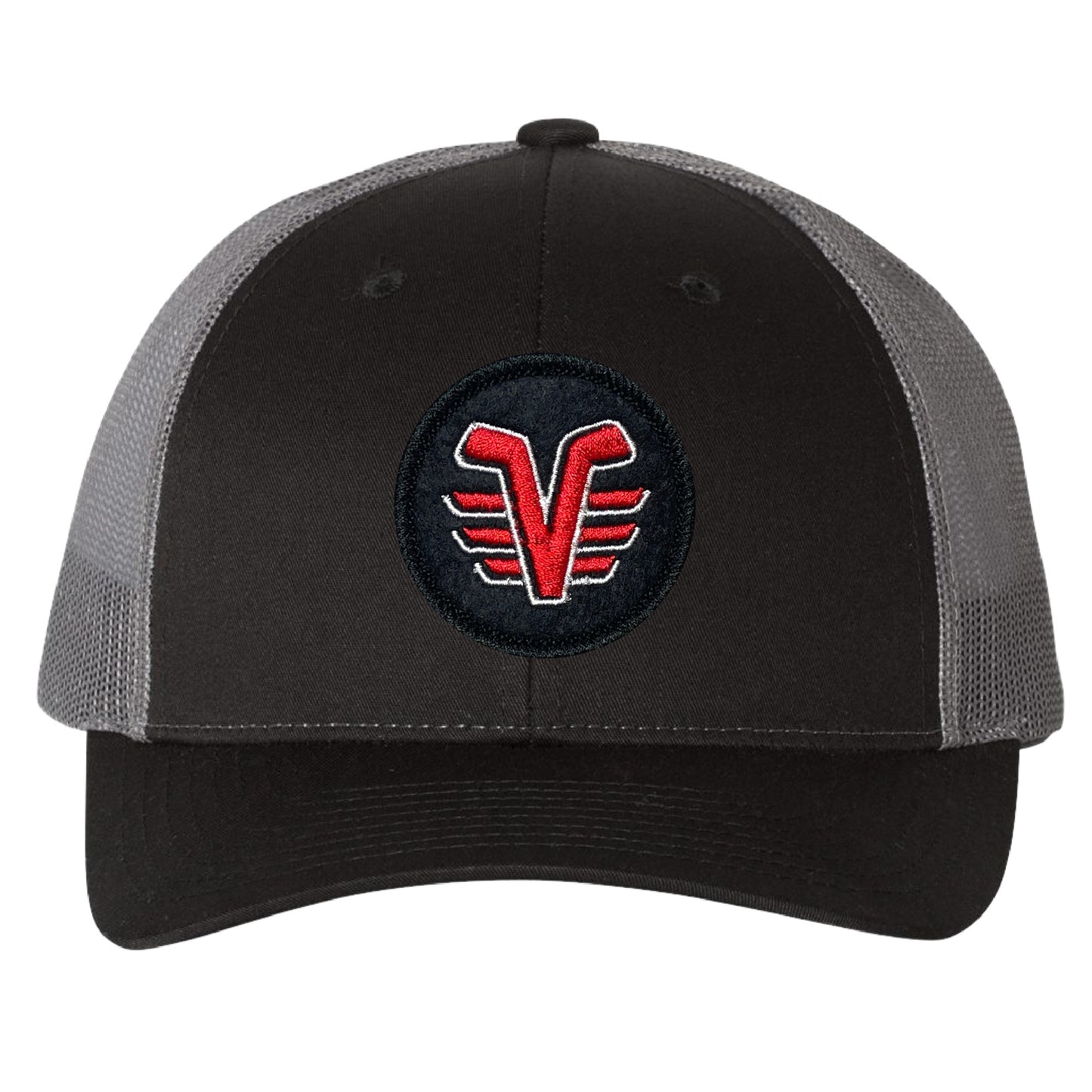 De Pere Voyageurs Hockey Snapback Trucker Hat - Black & Charcoal Round Patch Low-Profile