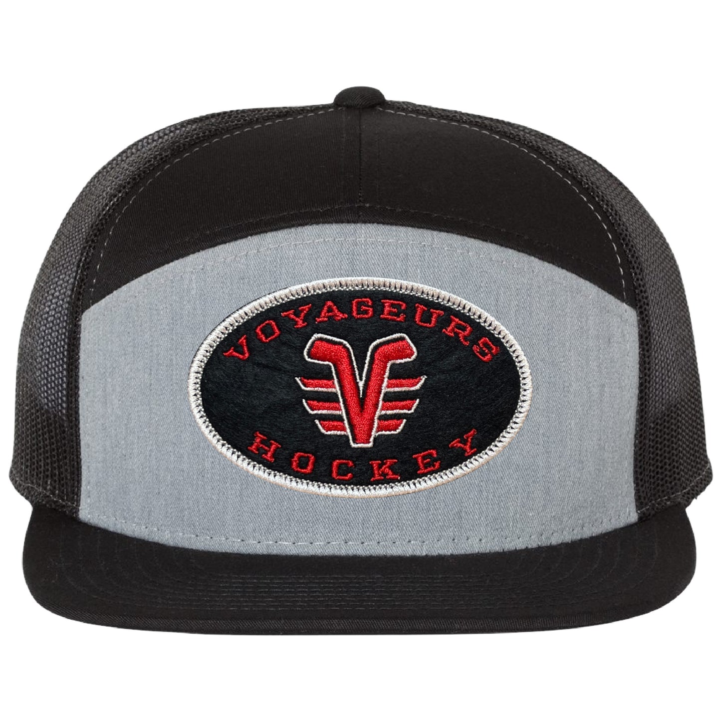 De Pere Voyageurs Hockey Snapback Trucker Hat - Gray and Black Oval Patch 7 panel