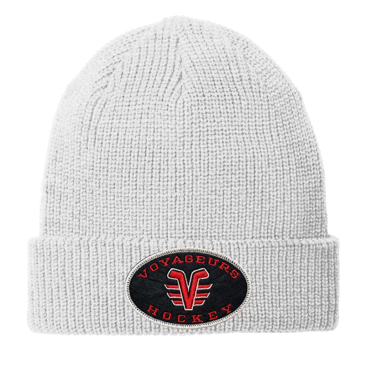De Pere Voyageurs High School Hockey Winter Cuffed Hat | Heather Silver Chunky Knit Beanie Oval Patch