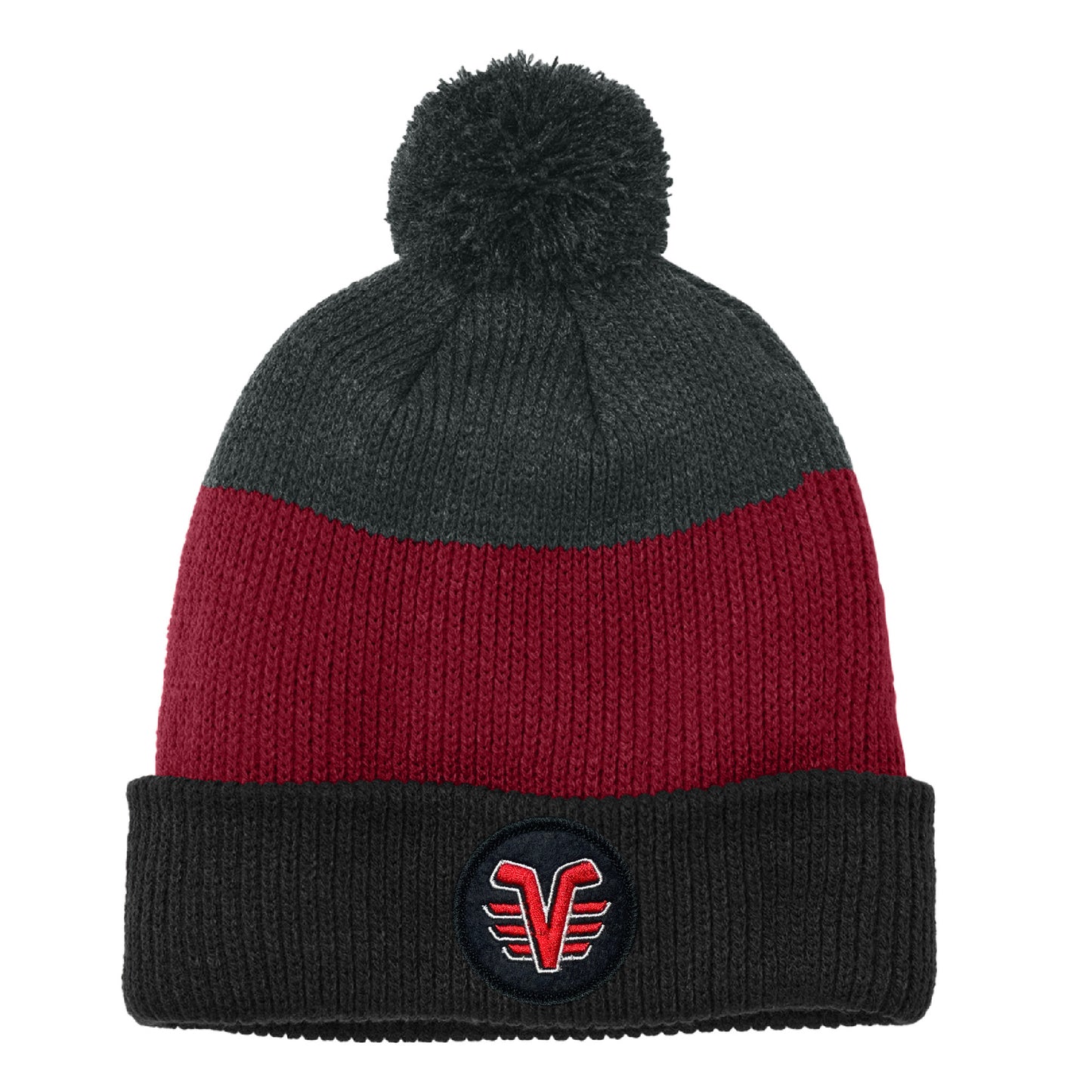 De Pere Voyageurs High School Hockey Winter Pom Hat | Color Block Knit Beanie Round Patch