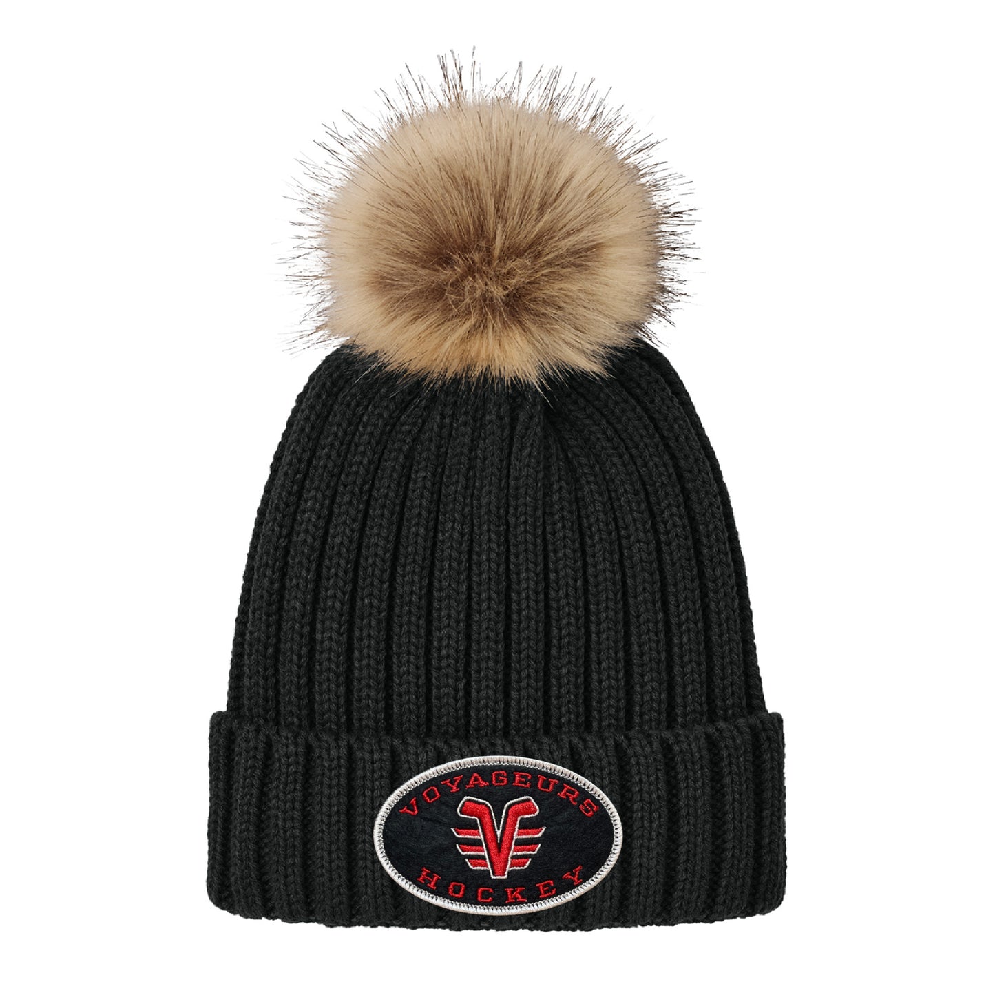Black De Pere Voyageur Hockey Ribbed Knit Faux Fur Pom Beanie - Winter Hat Oval Patch