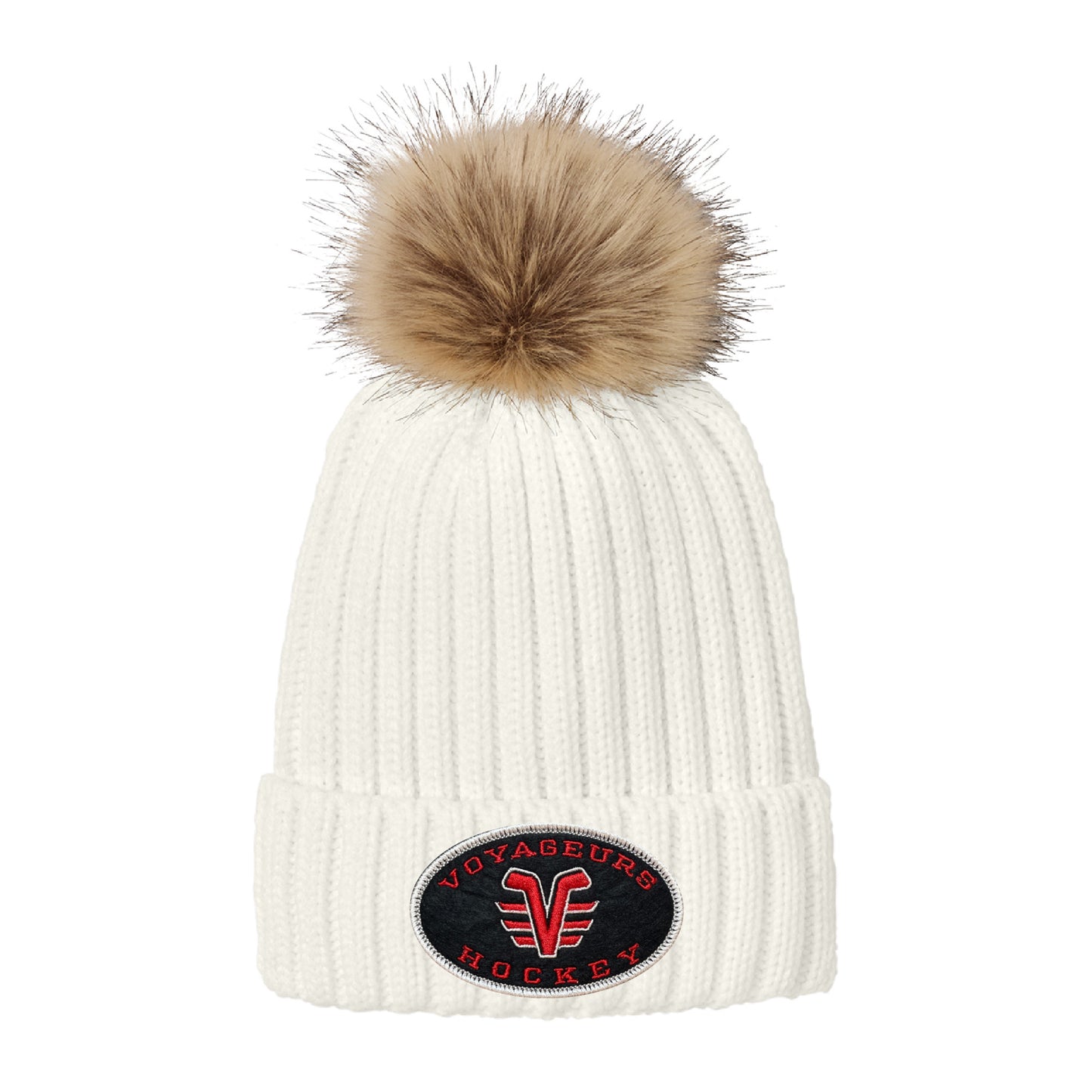 Marshmallow De Pere Voyageur Hockey Ribbed Knit Faux Fur Pom Beanie - Winter Hat Oval Patch