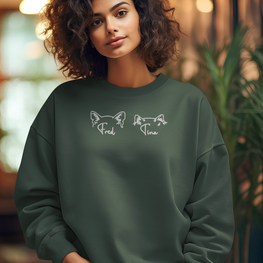 Forest Green Custom Embroidered Crewneck Sweatshirt - Cat Ears with Name