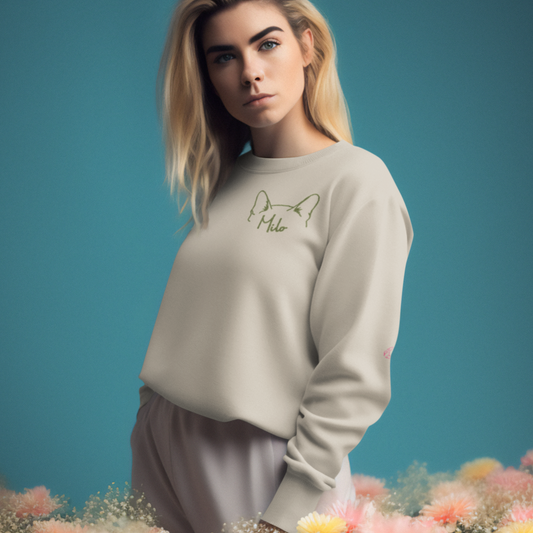 Sand Beige Custom Embroidered Crewneck Sweatshirt - Cat Ears with Name