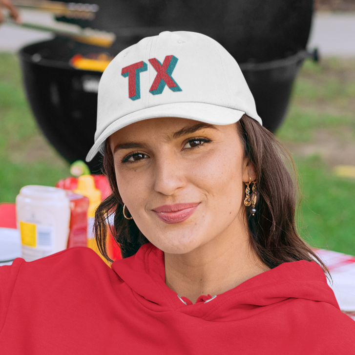 White Dad Hat with Bold Red and Teal Custom Shadow Block Lettering