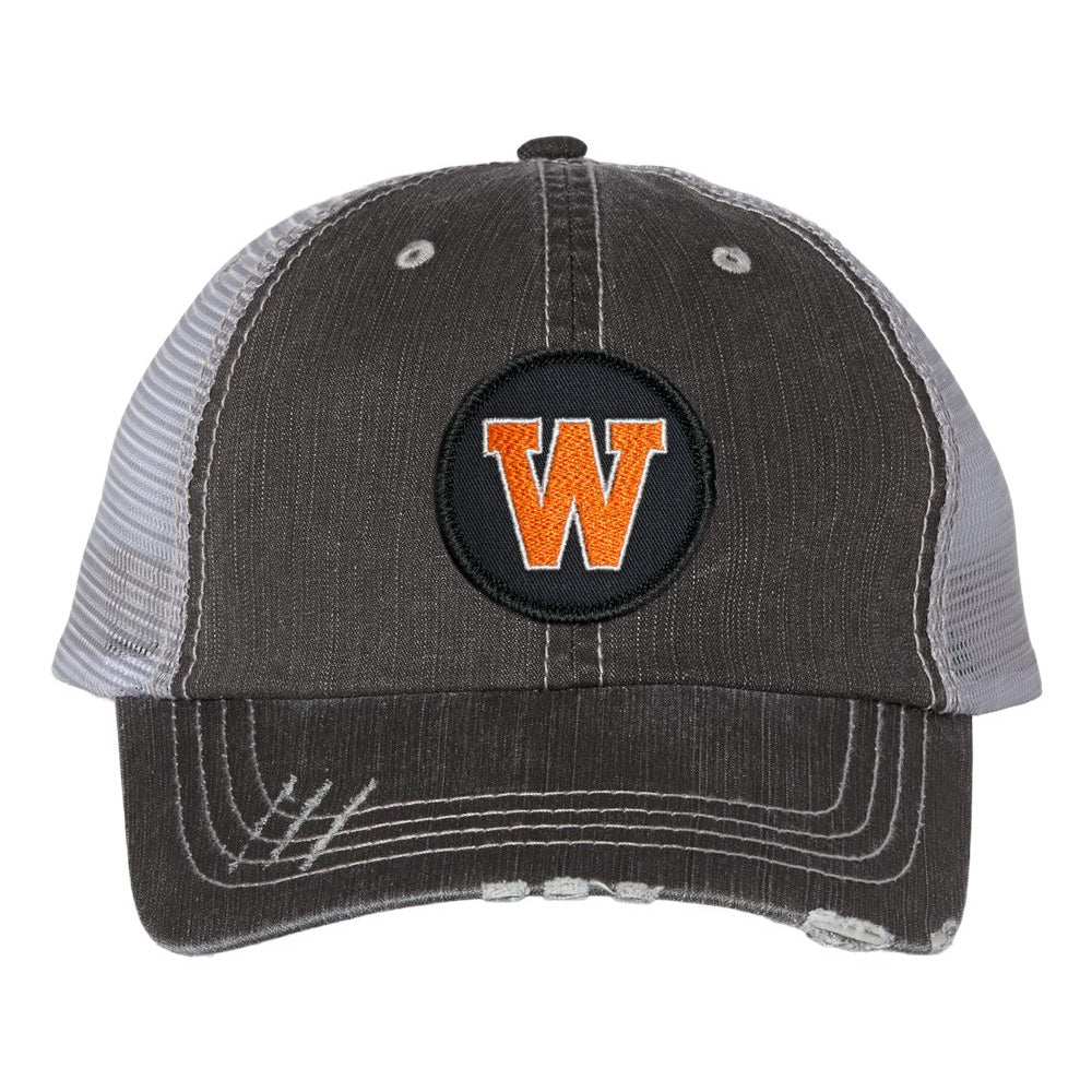 Gray Distressed Trucker Hat - West De Pere Hat -Logo Patch