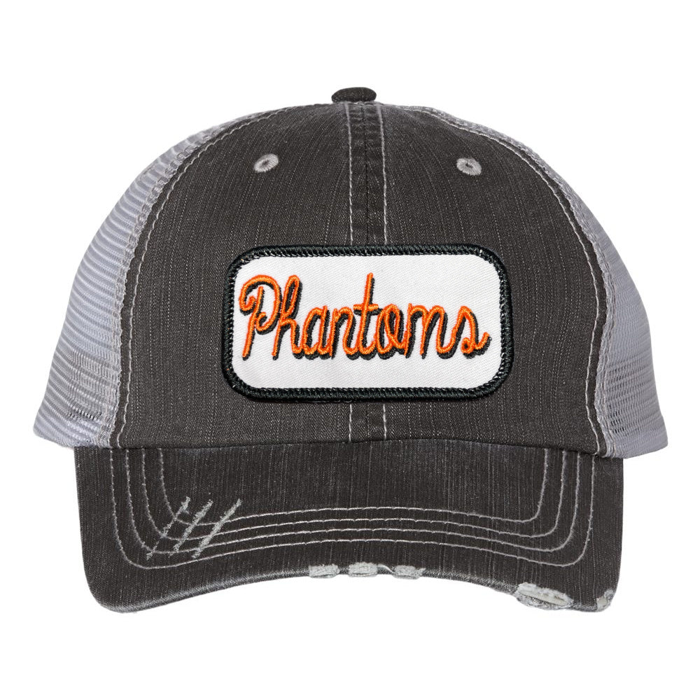 Gray Distressed Trucker Hat - West De Pere Hat -Logo Patch