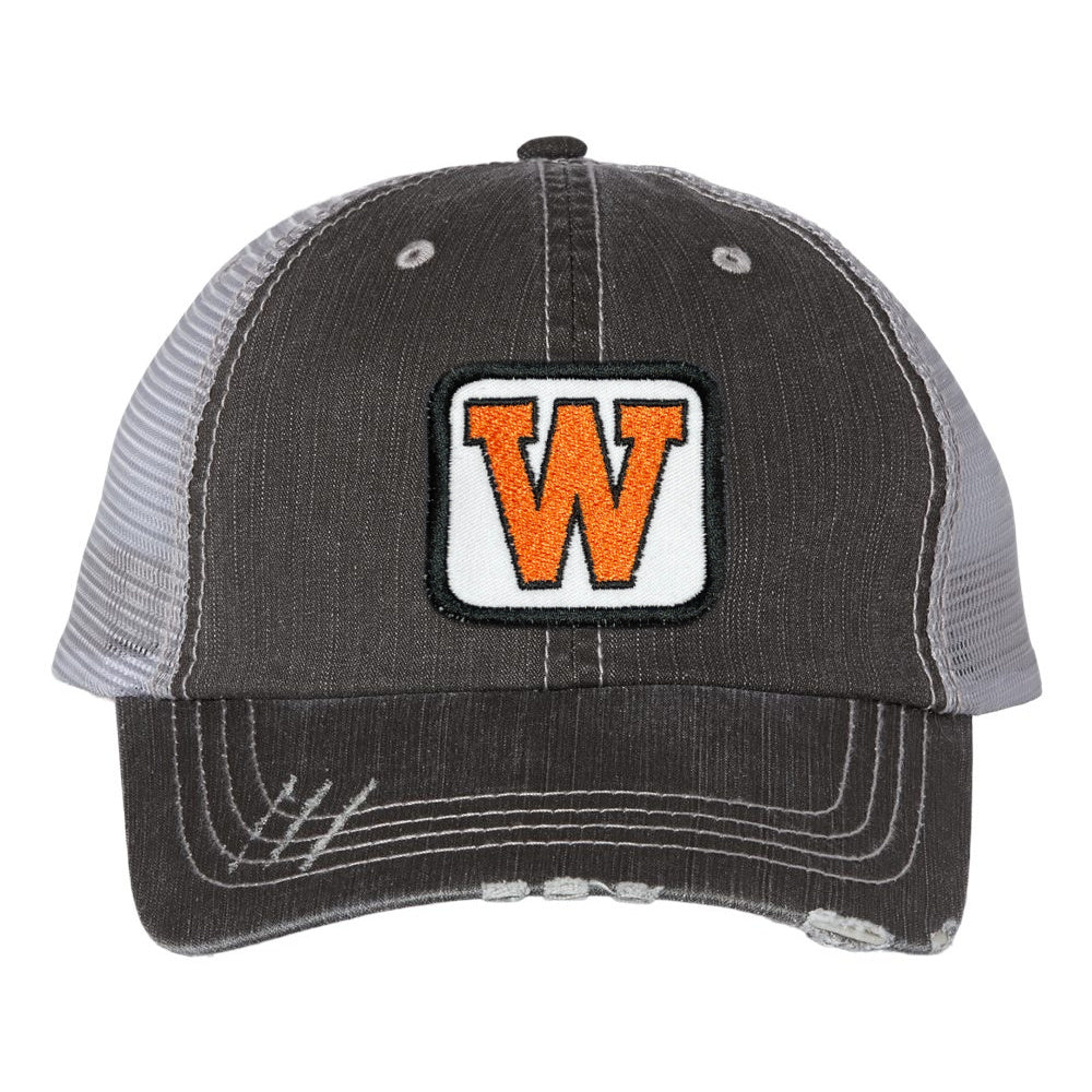 Gray Distressed Trucker Hat - West De Pere Hat -Logo Patch