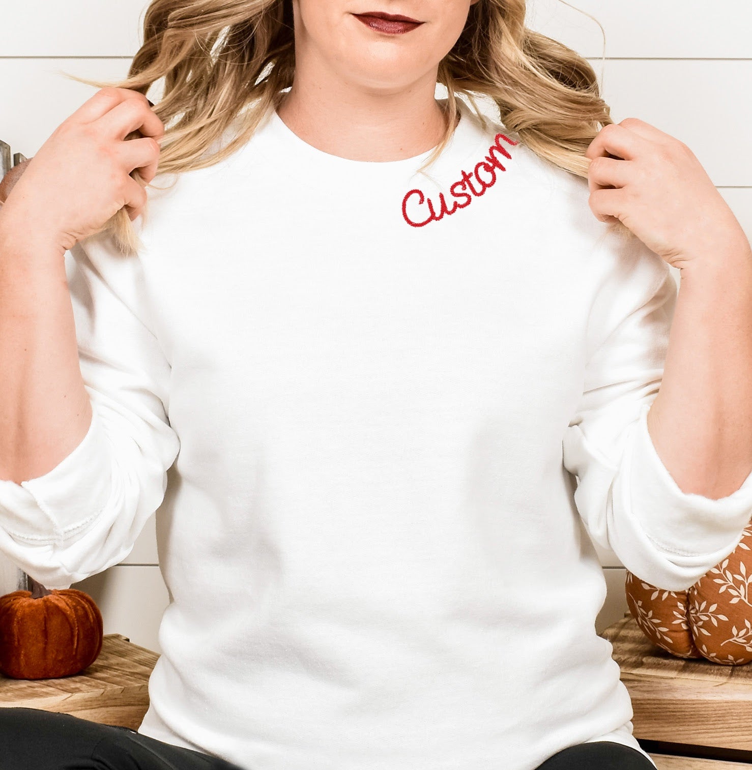 White Custom Embroidered Crewneck Sweatshirt - Personalized Chain Stit –  Gracie Designs