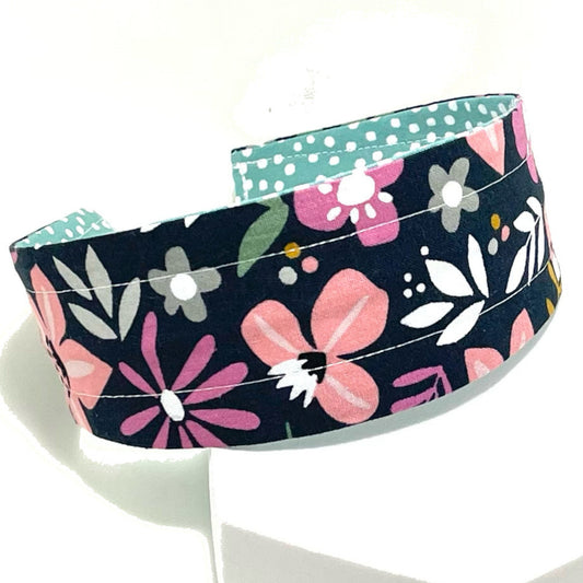 Comfortable Reversible Handmade Fabric Headband -  Navy Floral & Aqua Dots
