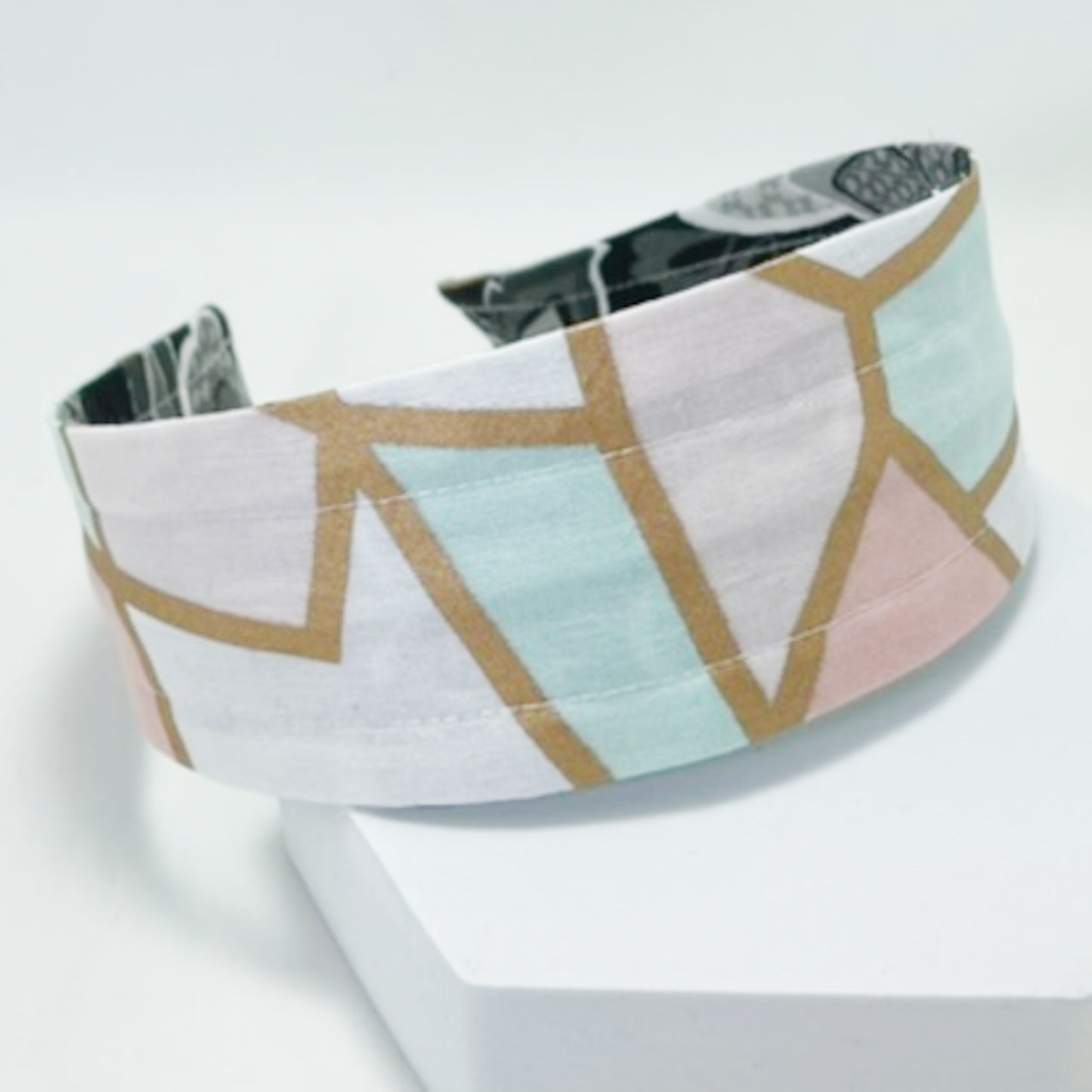 Comfortable Reversible Handmade Fabric Headband - Black Floral & Pastel Mod