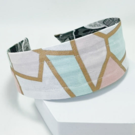 Comfortable Reversible Handmade Fabric Headband - Black Floral & Pastel Mod