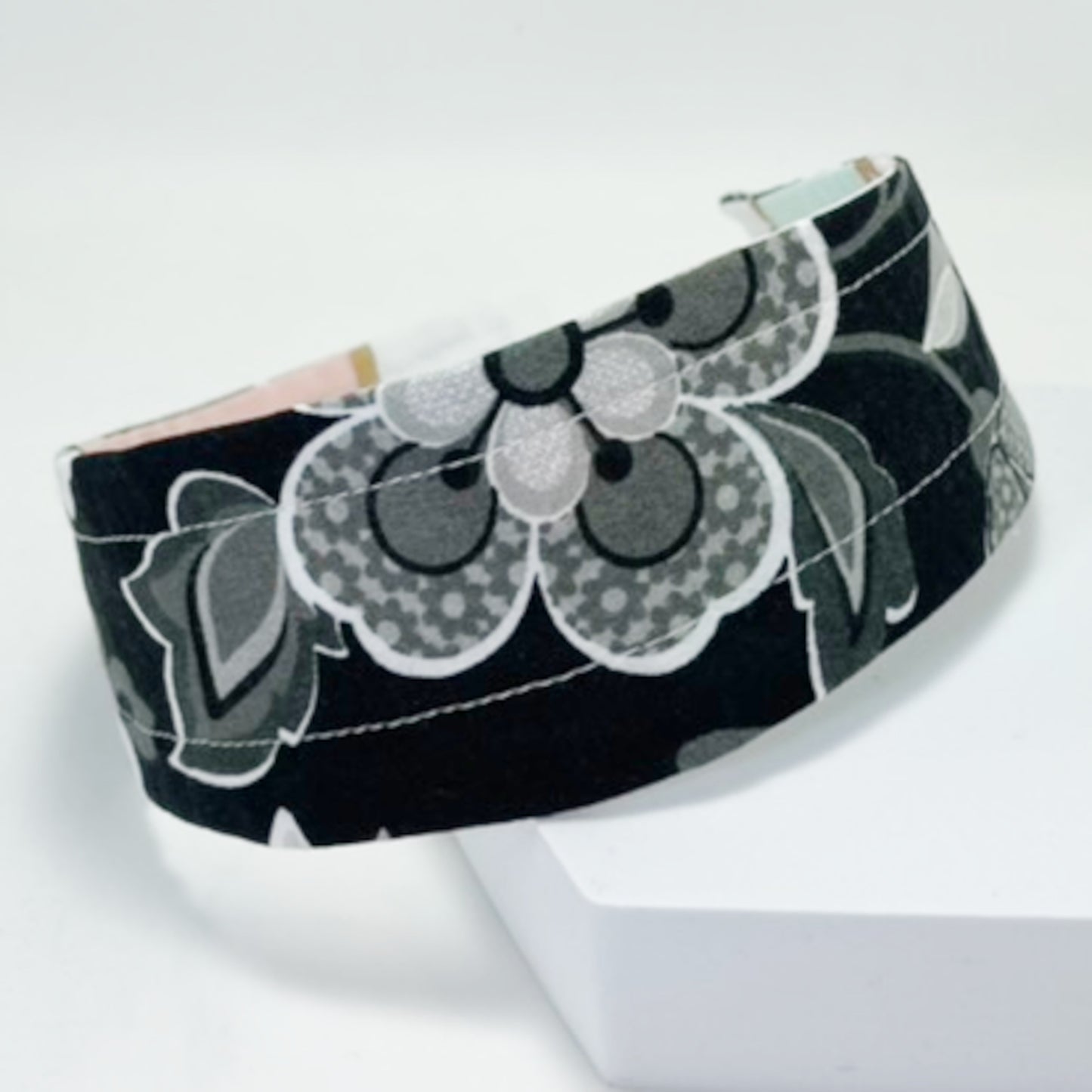 Comfortable Reversible Handmade Fabric Headband - Black Floral & Pastel Mod