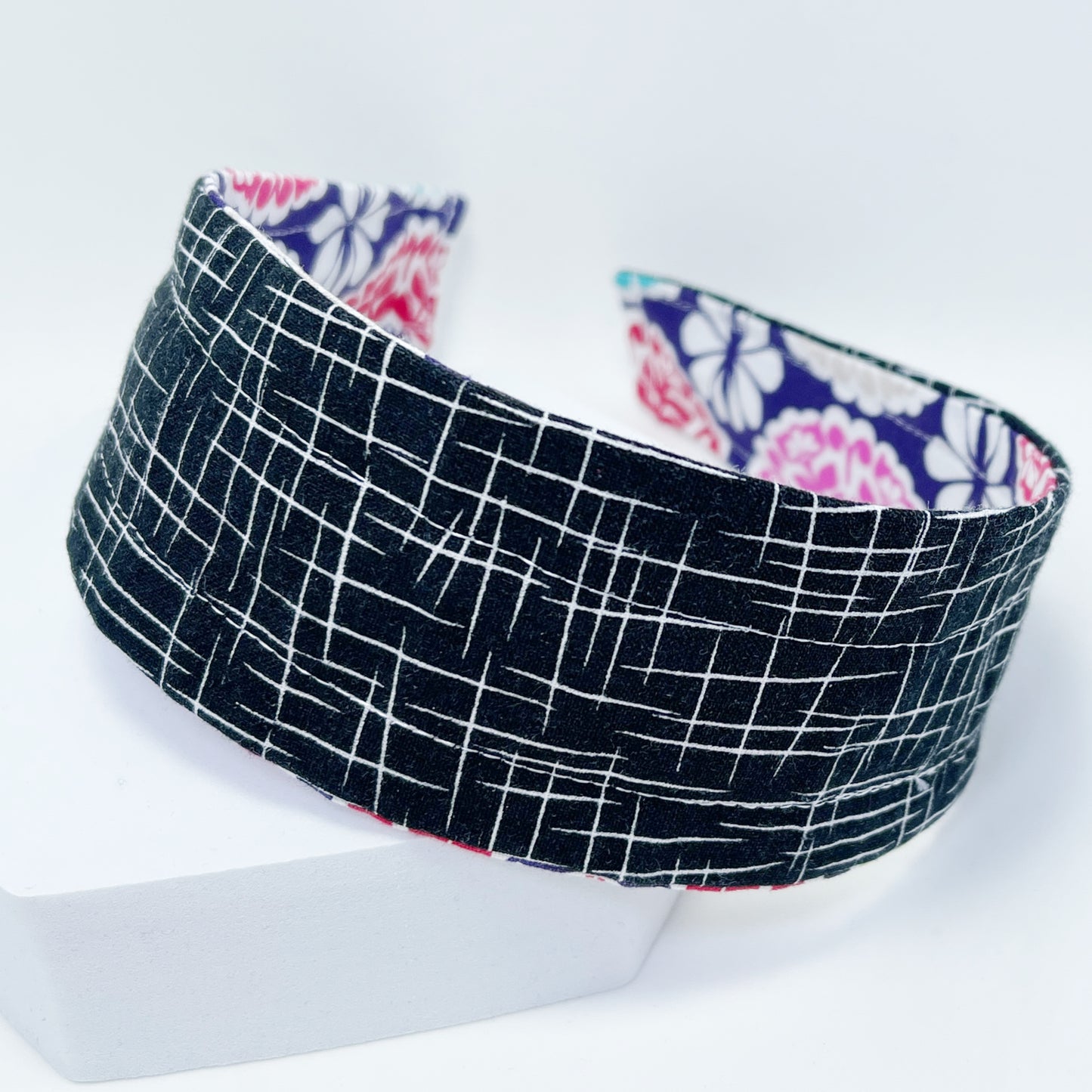 Comfortable Reversible Handmade Fabric Headband - Bright Floral & Black Hatch