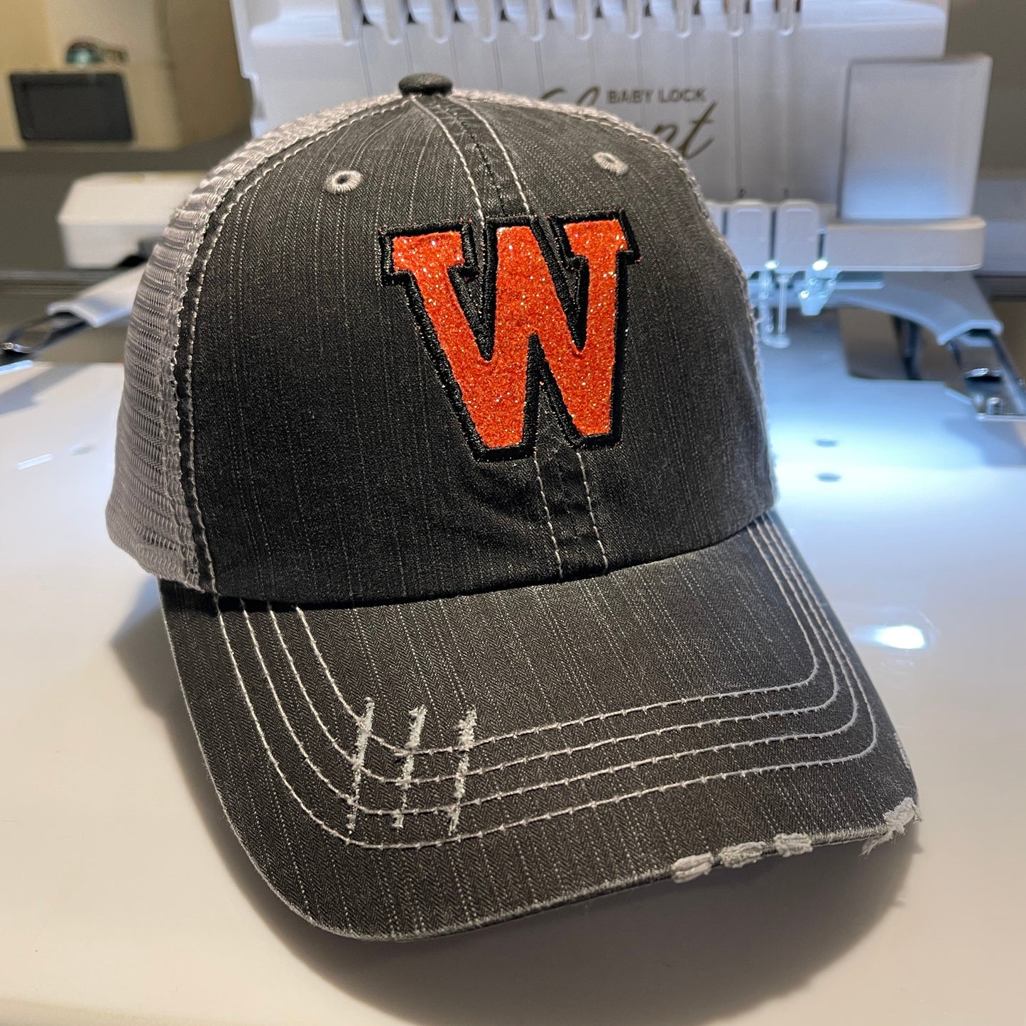 Gray Distressed Trucker Hat - West De Pere Logo Glitter Hat