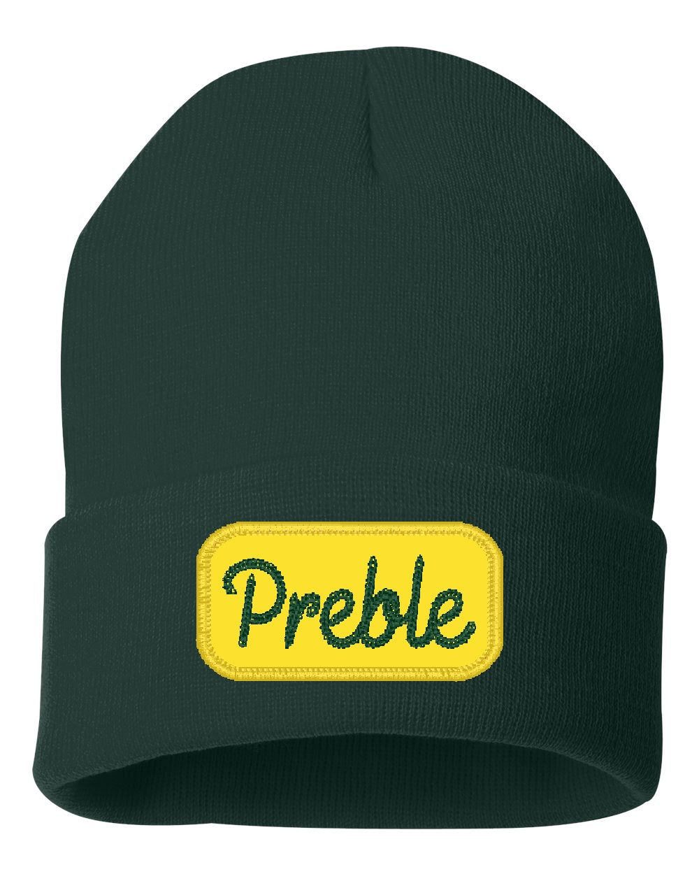 Preble Embroidered Patch Beanie Winter Hats - Yellow Chainstitich Patch