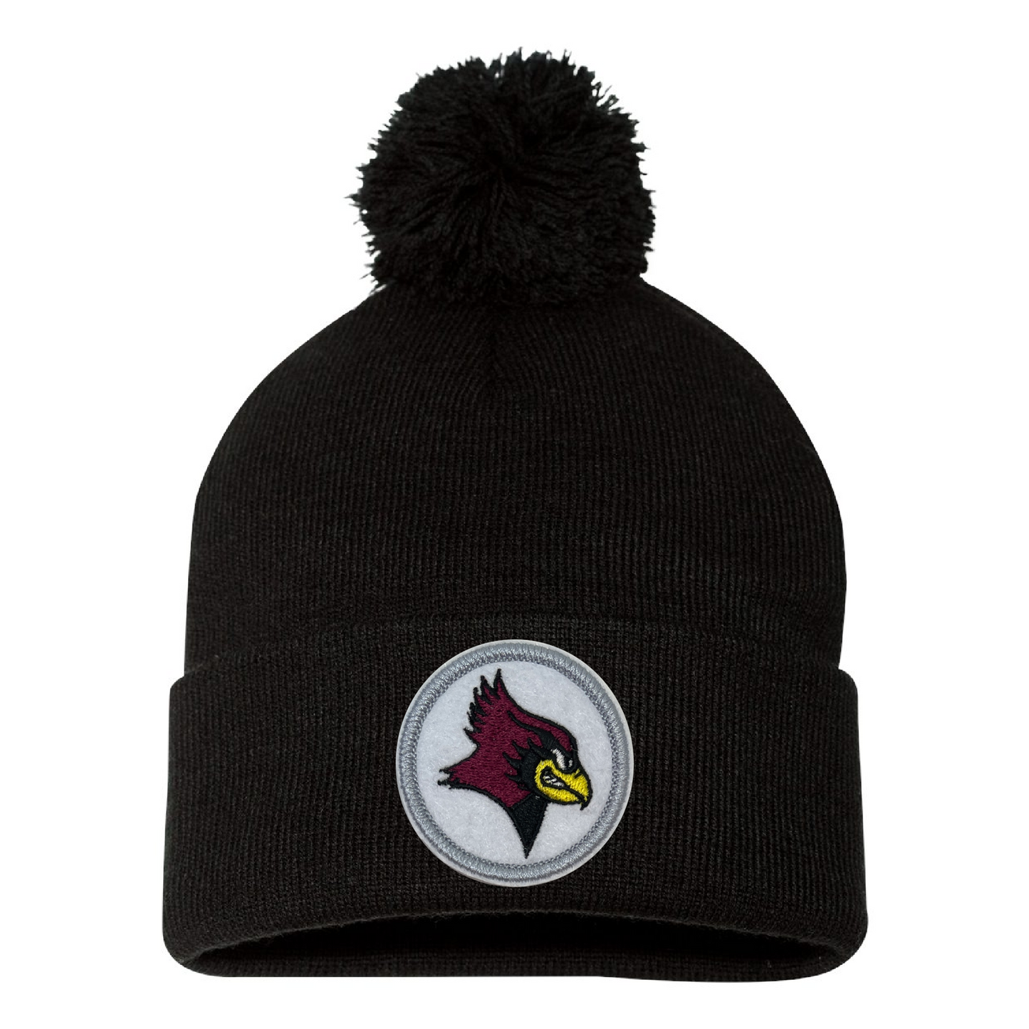 De Pere Pom Pom Beanie - Black with Redbird Patch