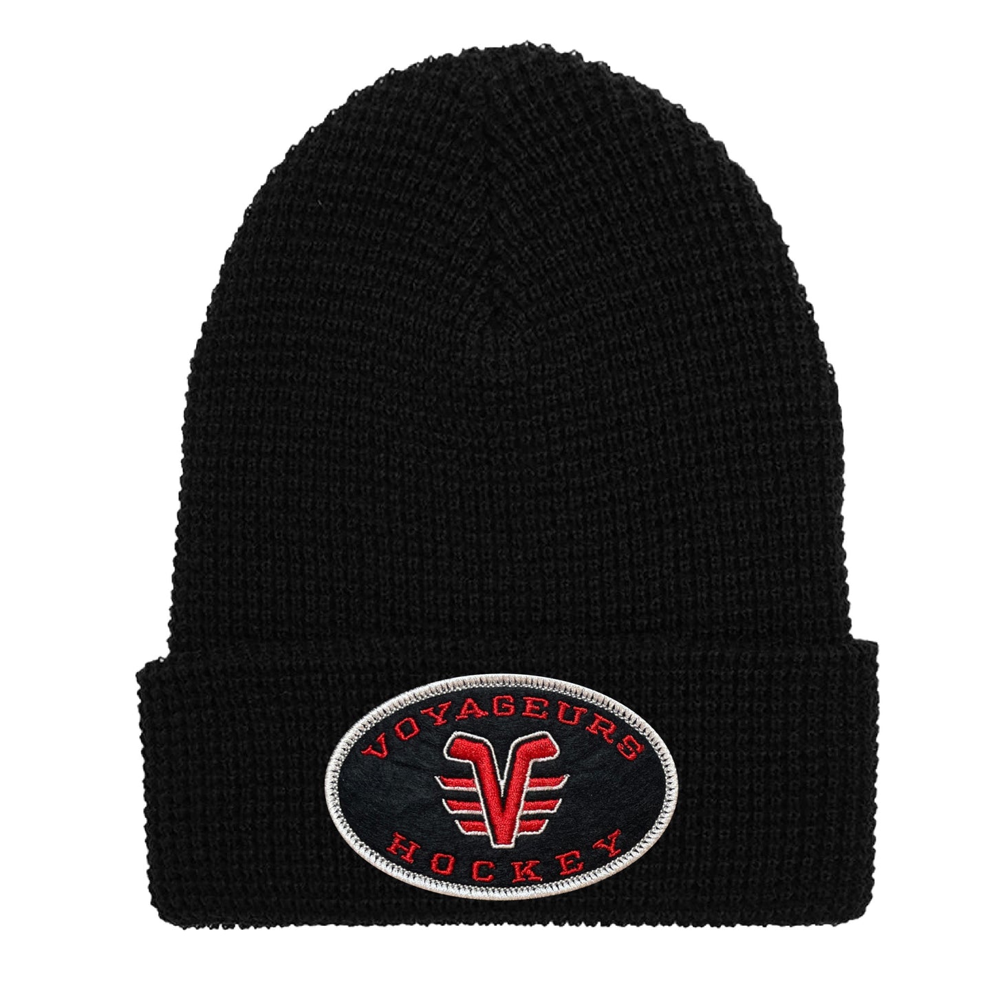 De Pere Voyageurs High School Hockey Winter Cuffed Hat | Black Waffle Knit Beanie Oval Patch