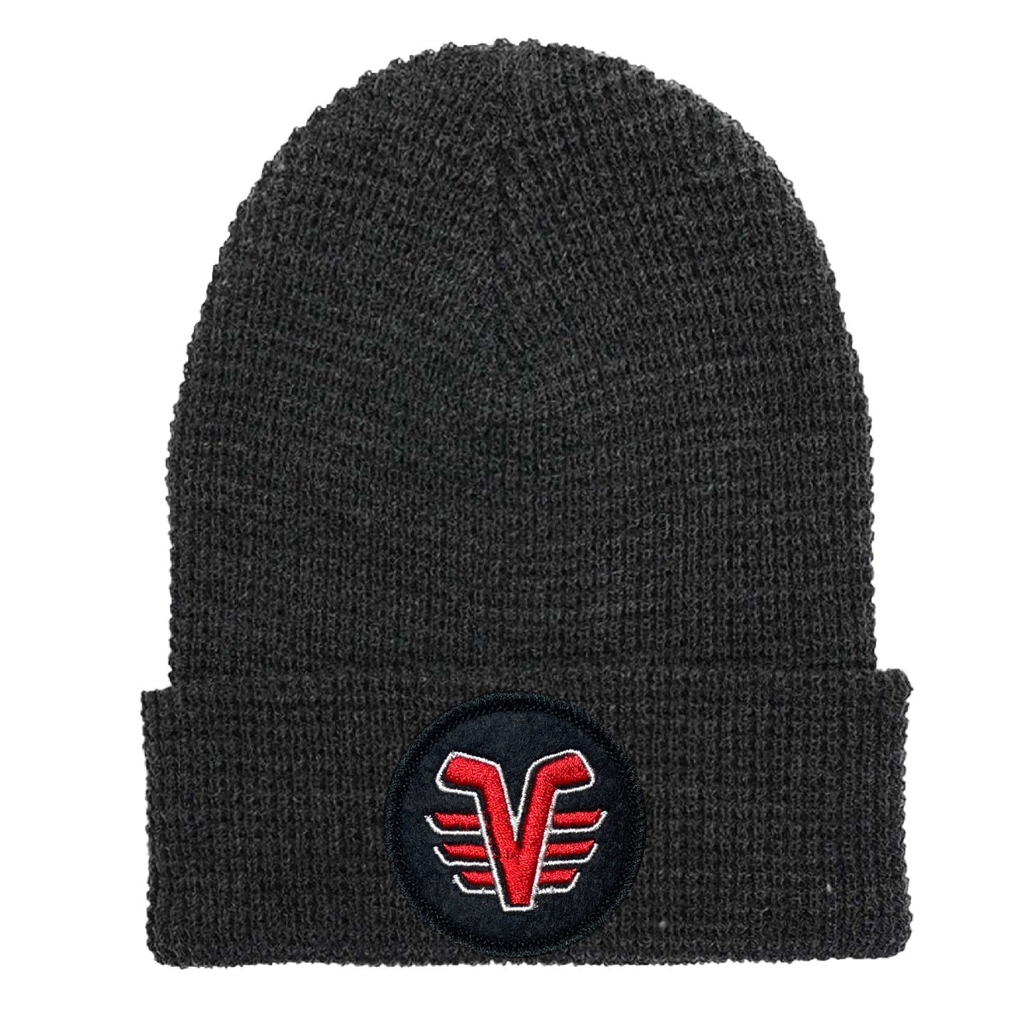 De Pere Voyageurs High School Hockey Winter Cuffed Hat | Charcoal Waffle Knit Beanie Round Patch
