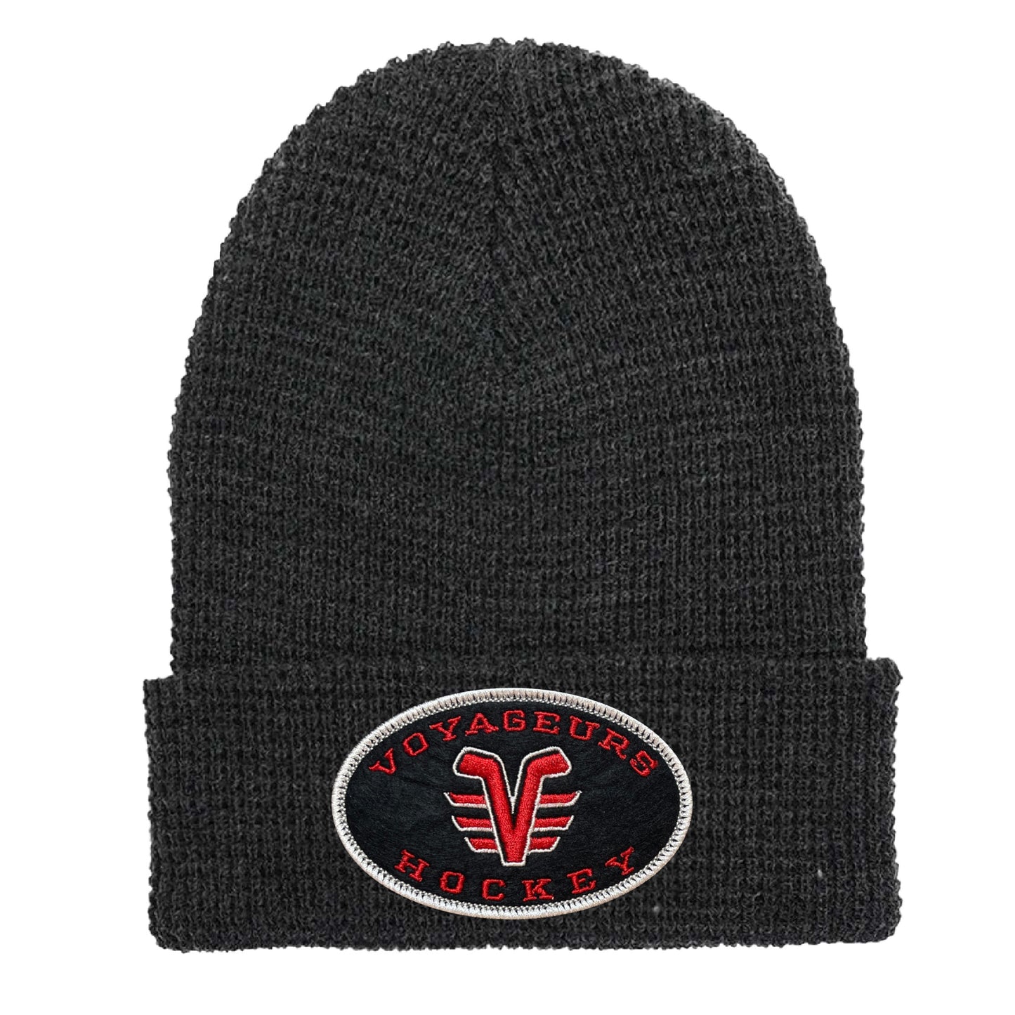 De Pere Voyageurs High School Hockey Winter Cuffed Hat | Charcoal Waffle Knit Beanie Oval Patch