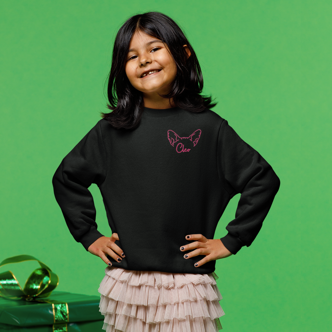 Kids Black Custom Embroidered Crewneck Sweatshirt - Cat Ears with Name