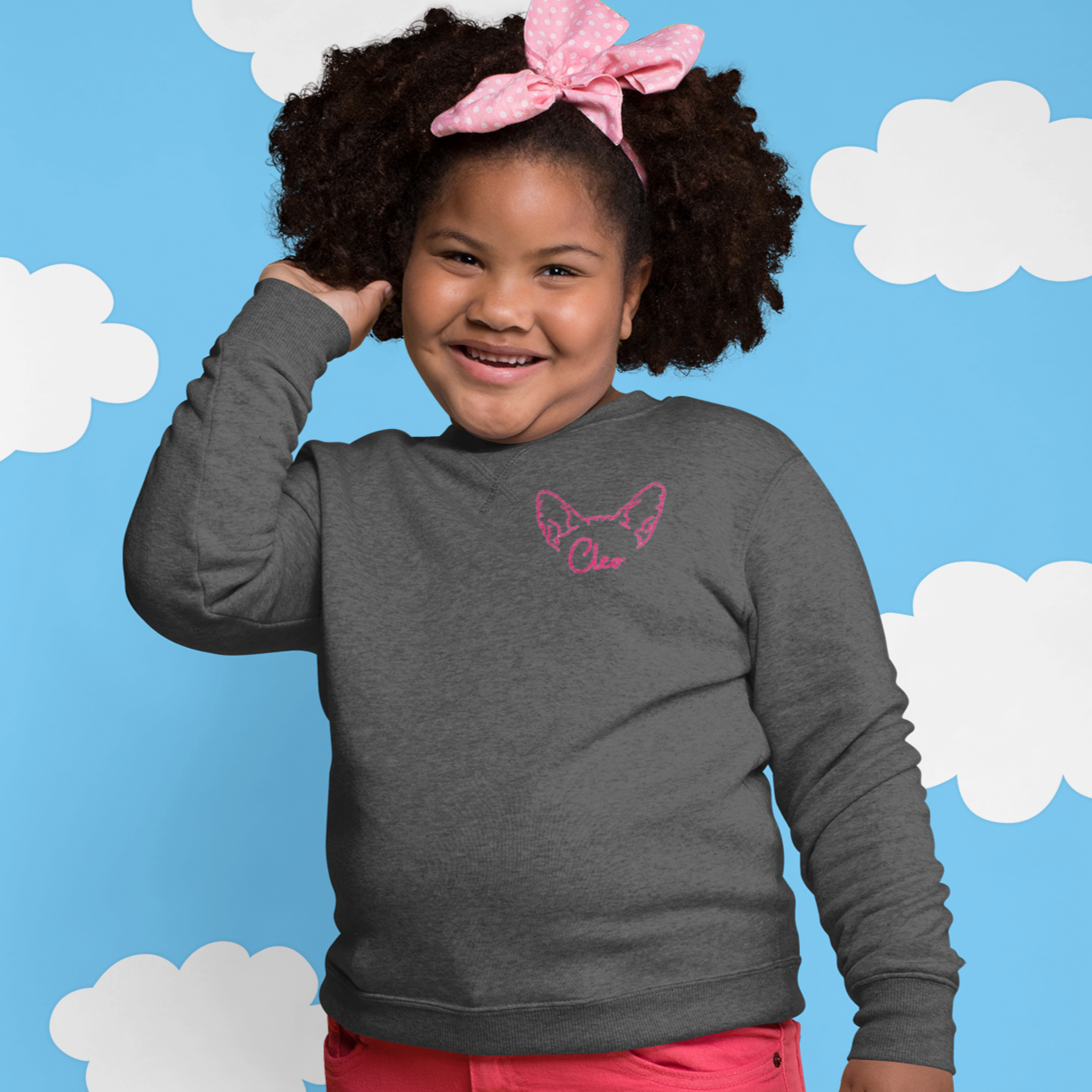 Kids Dark Heather Custom Embroidered Crewneck Sweatshirt Cat