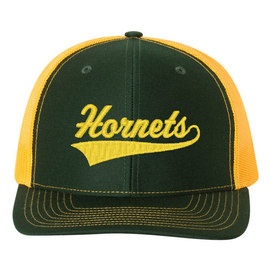 Yellow and Green Snapback Mid Profile Trucker - Hornets Athletic Script