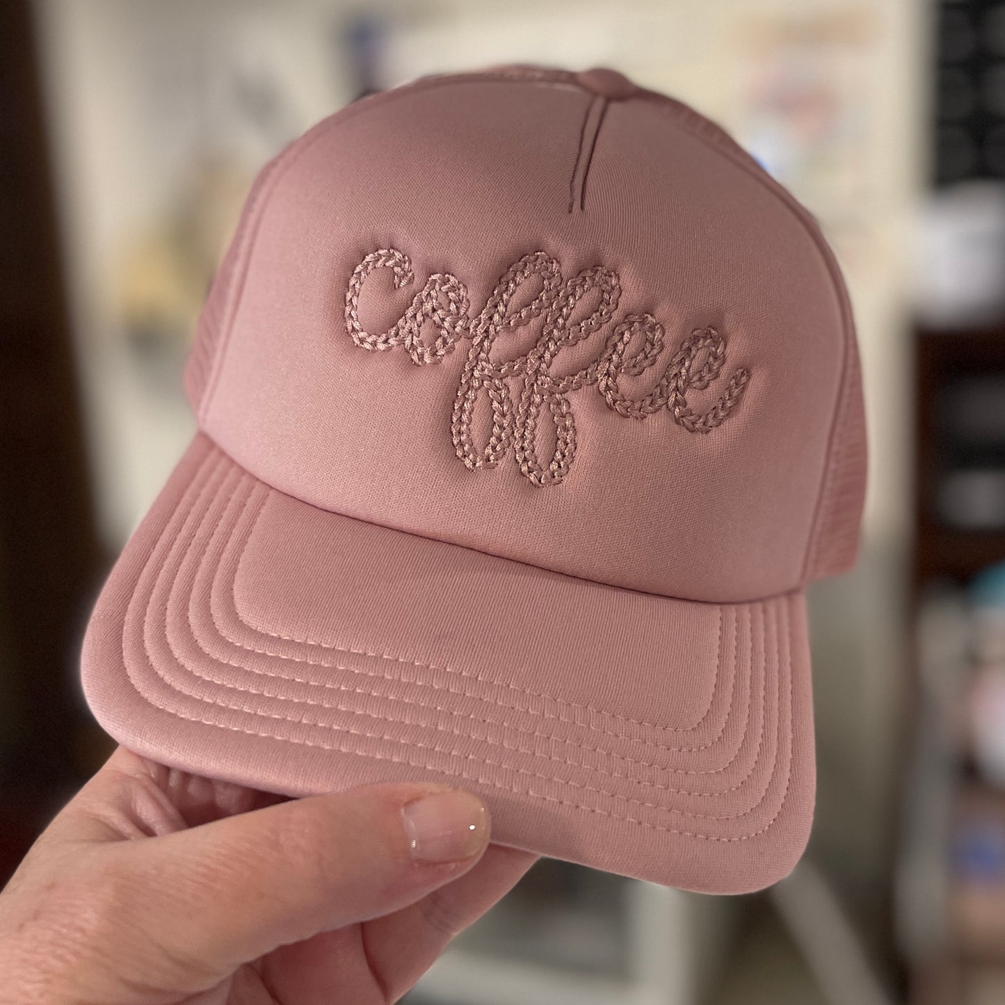 Dusty Rose Pink Trucker Hat with Coffee Embroidery