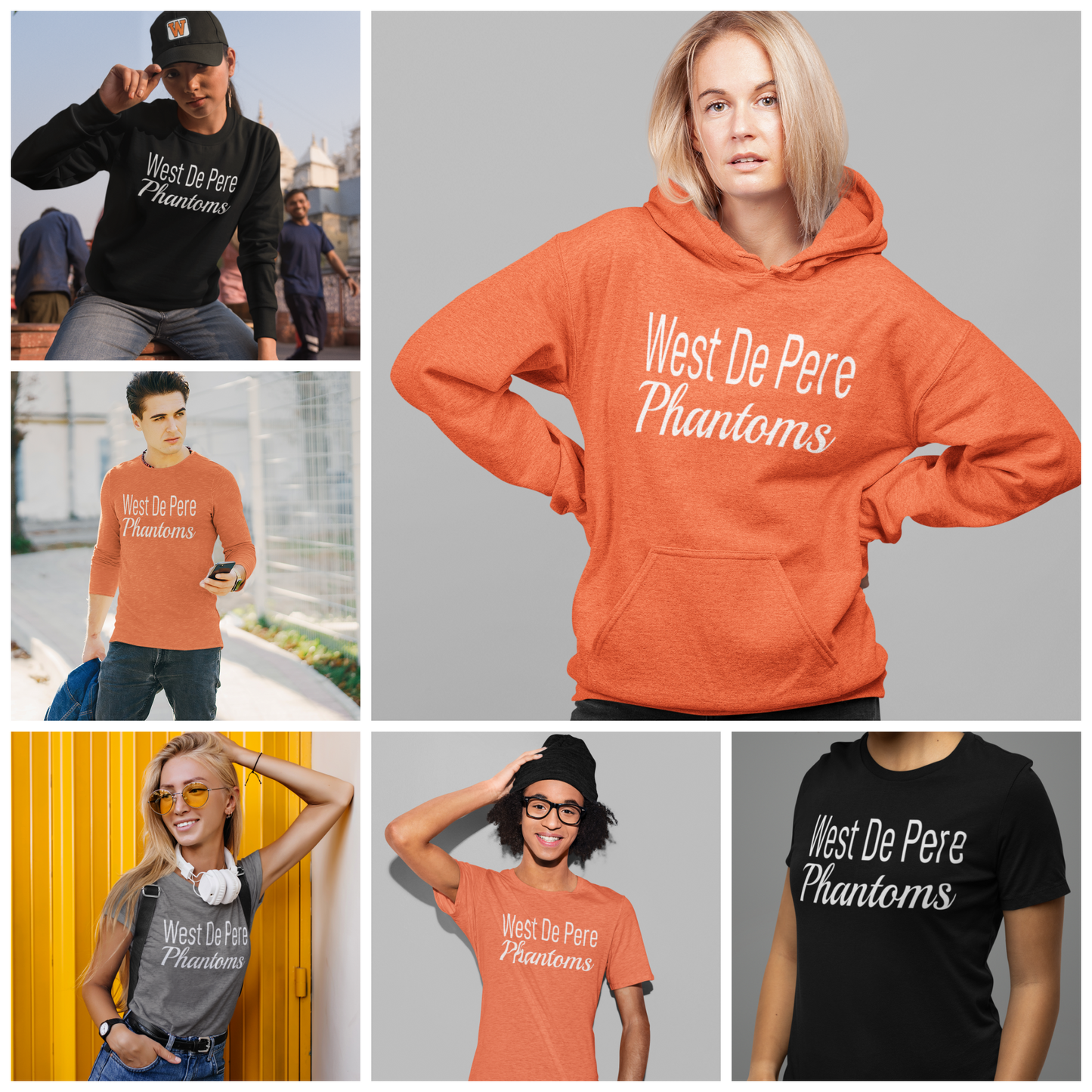 West De Pere Phantoms Merch - Tees, Long Sleeve Tee, Crewneck or Hoodie - Block & Script