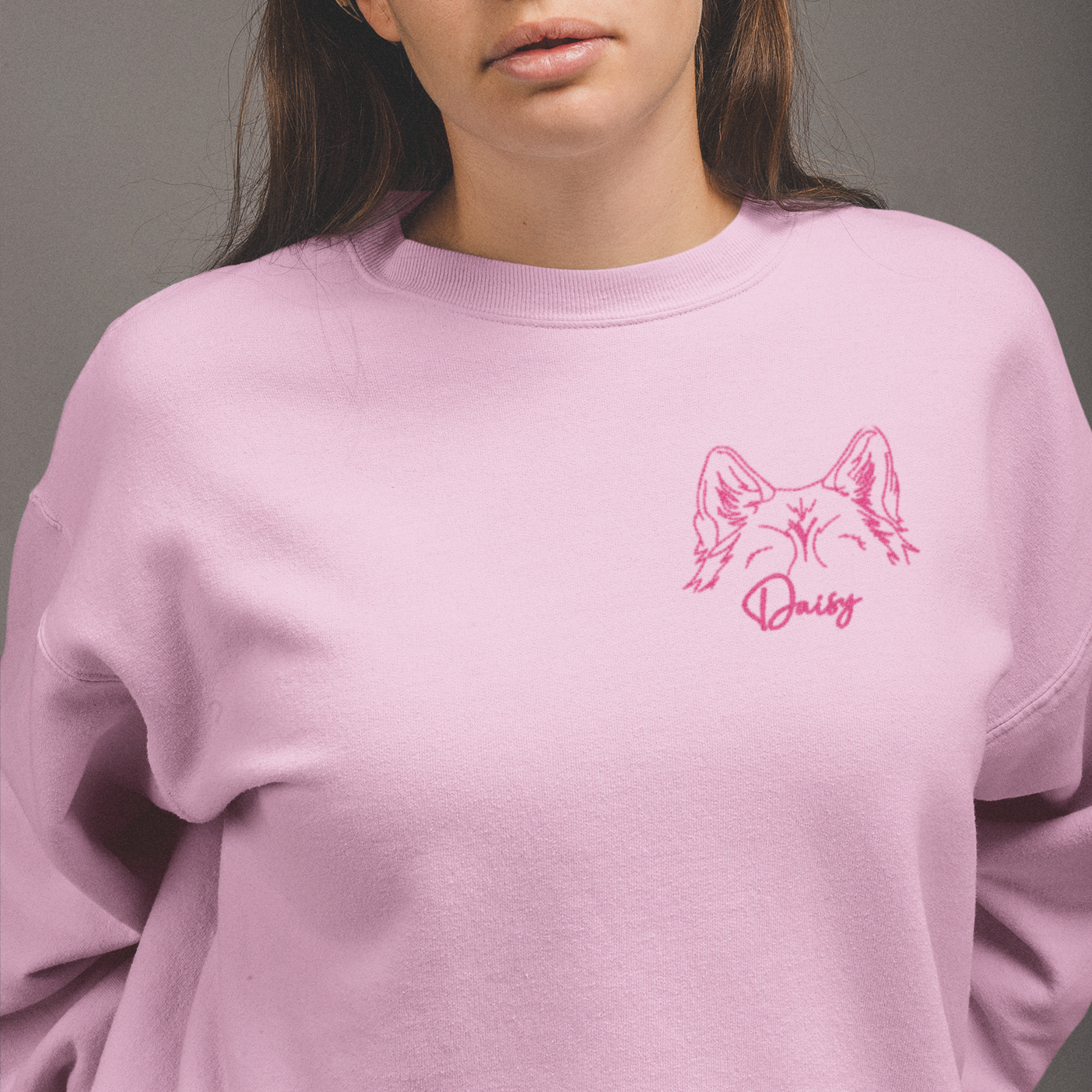 Pink Custom Embroidered Crewneck Sweatshirt Dog Ears with Name