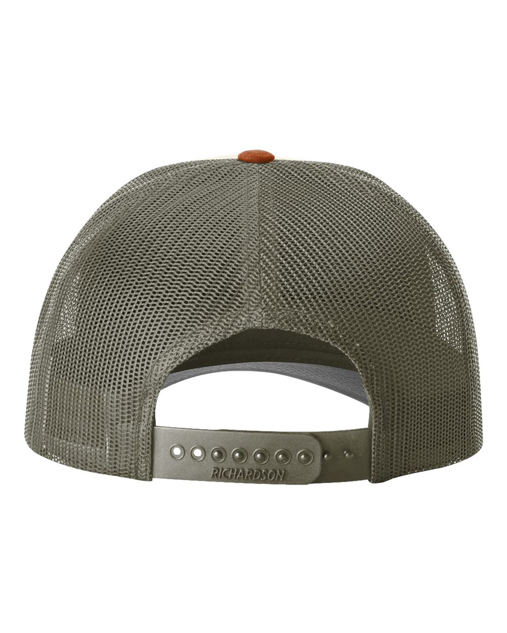 back of rust cream and olive trucker hat