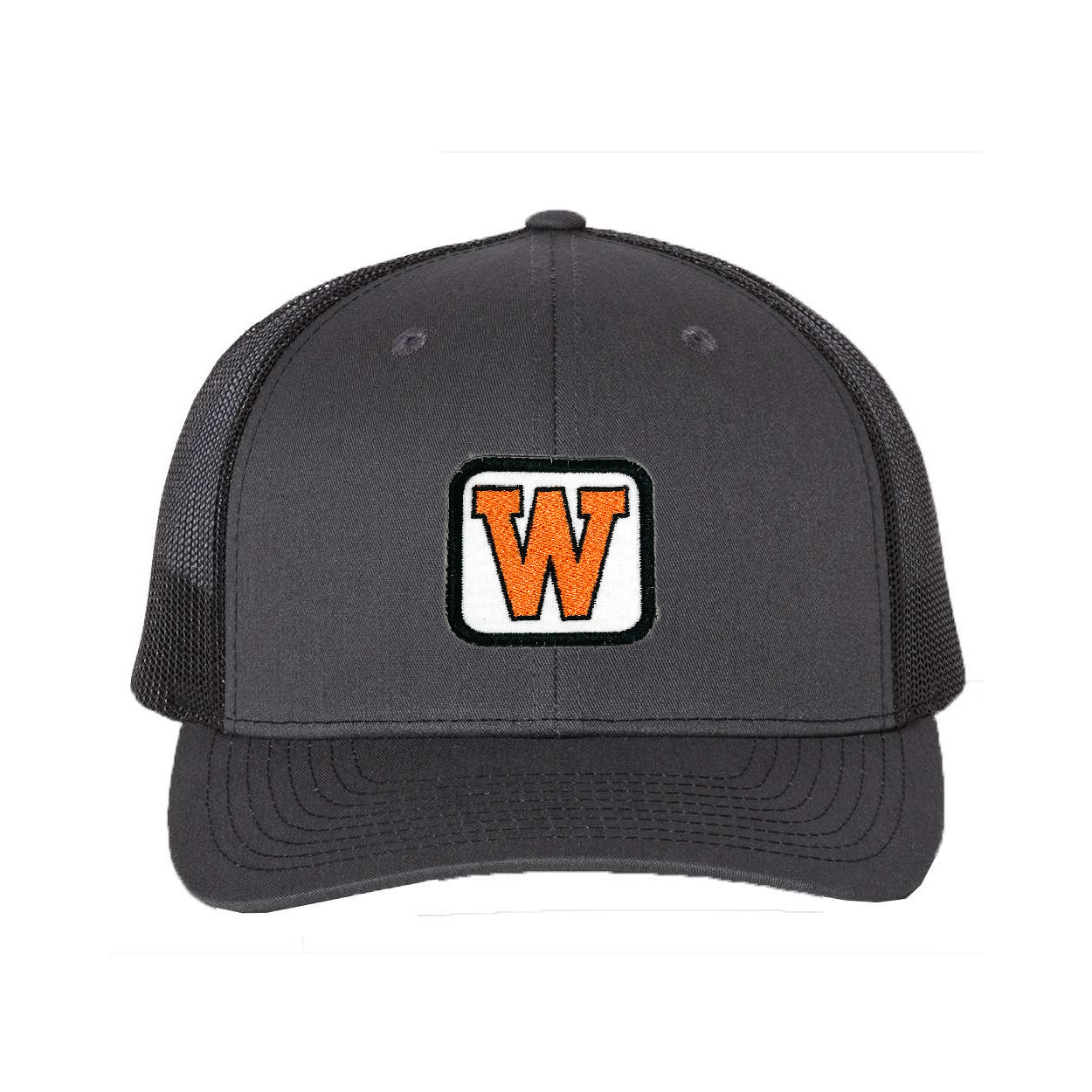 Charcoal and Black 6 panel with Gray Mesh | West De Pere Patched Snapback Mid-Profile Trucker Hat