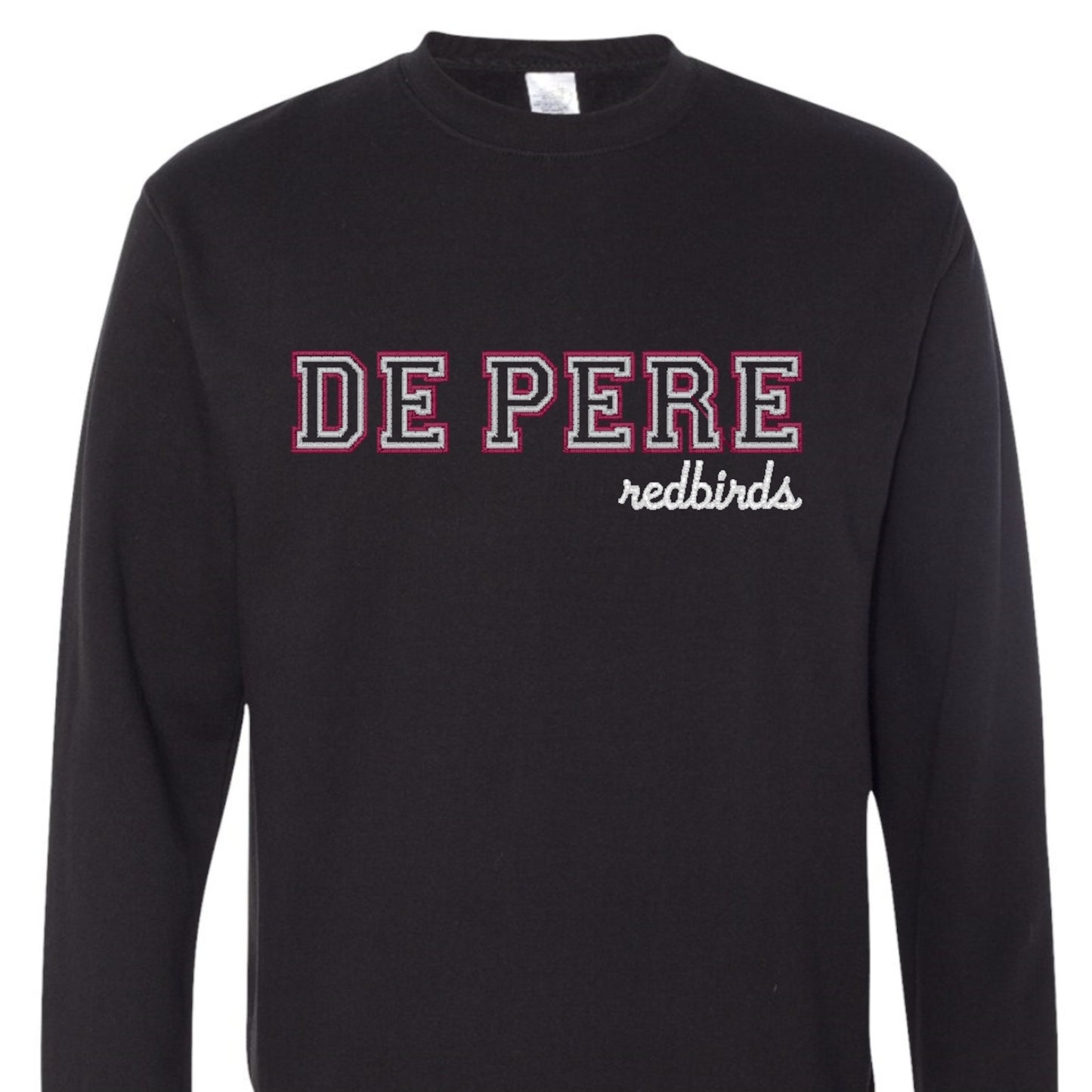 De Pere Redbirds Embroidered Black Crewneck or Hoodie Sweatshirt