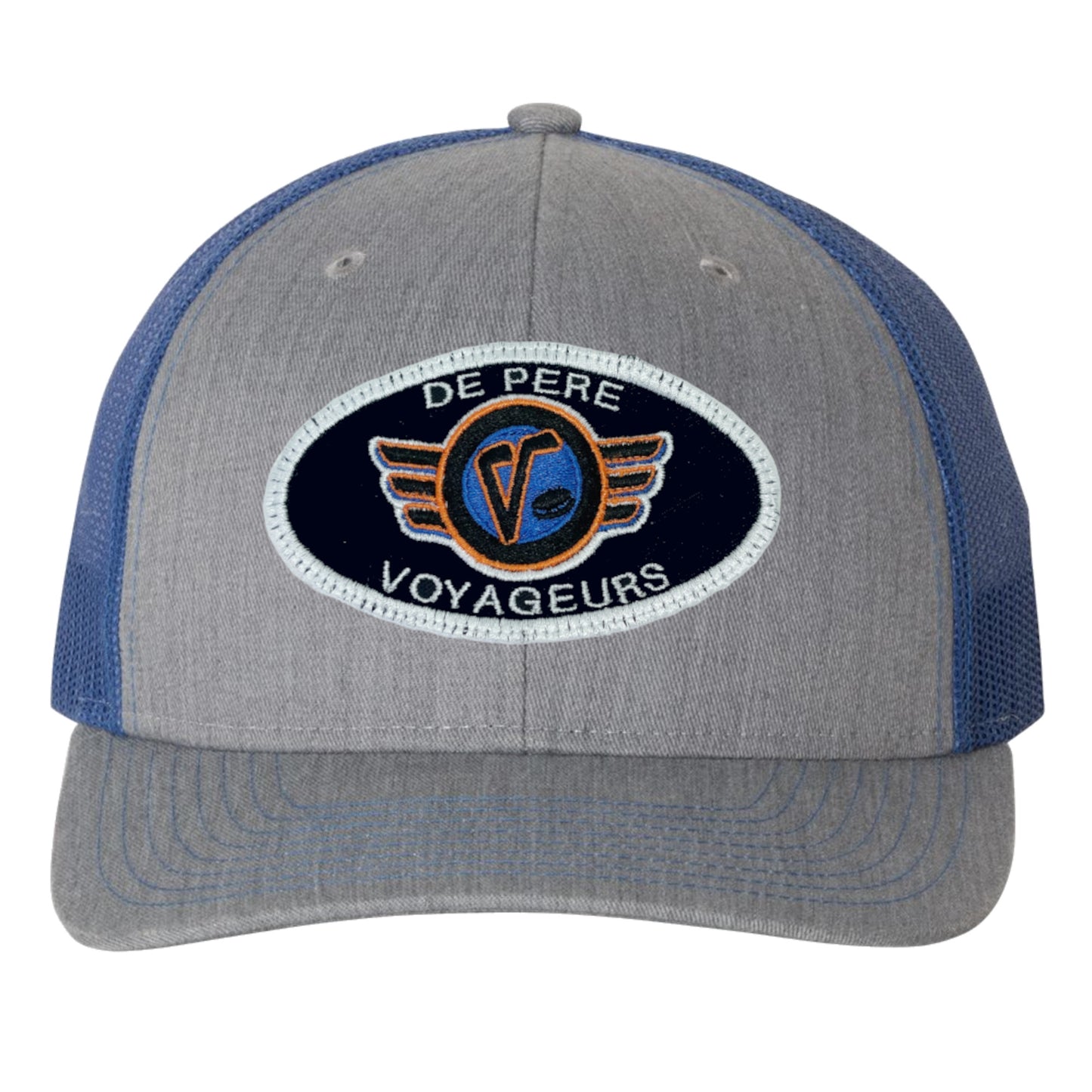 De Pere Voyageurs Youth Hockey Patch De Pere Gray Snapback Royal Mesh