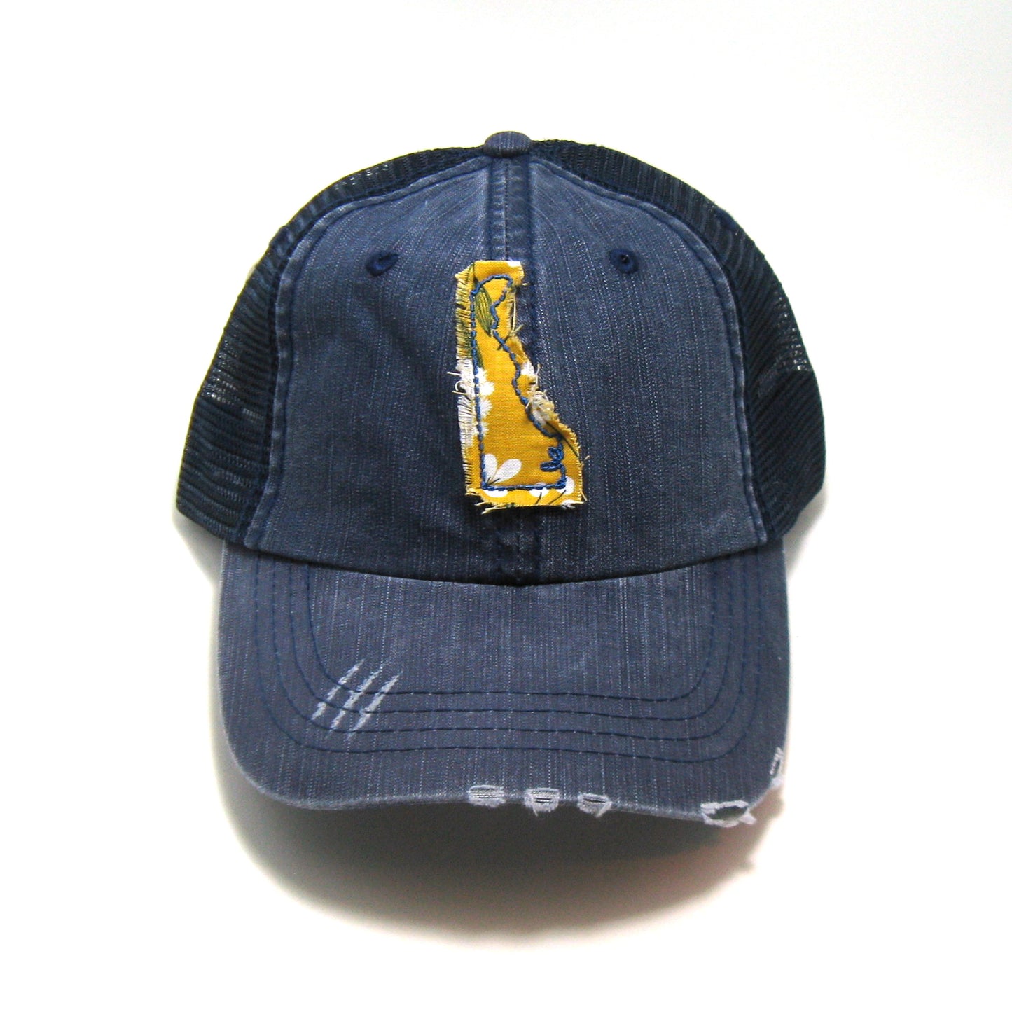 Delaware Hat | Navy Distressed Trucker Cap | Many Fabric Choices