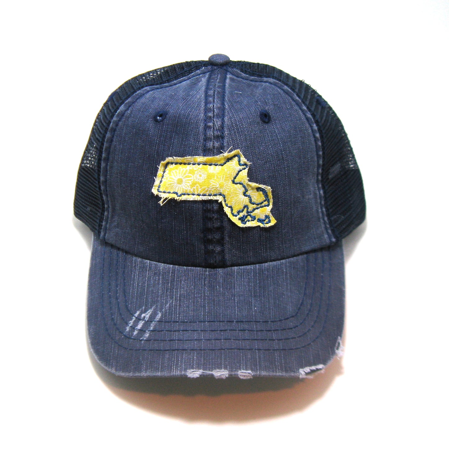 Massachusetts Hat | Navy Distressed Trucker Cap | Many Fabric Choices