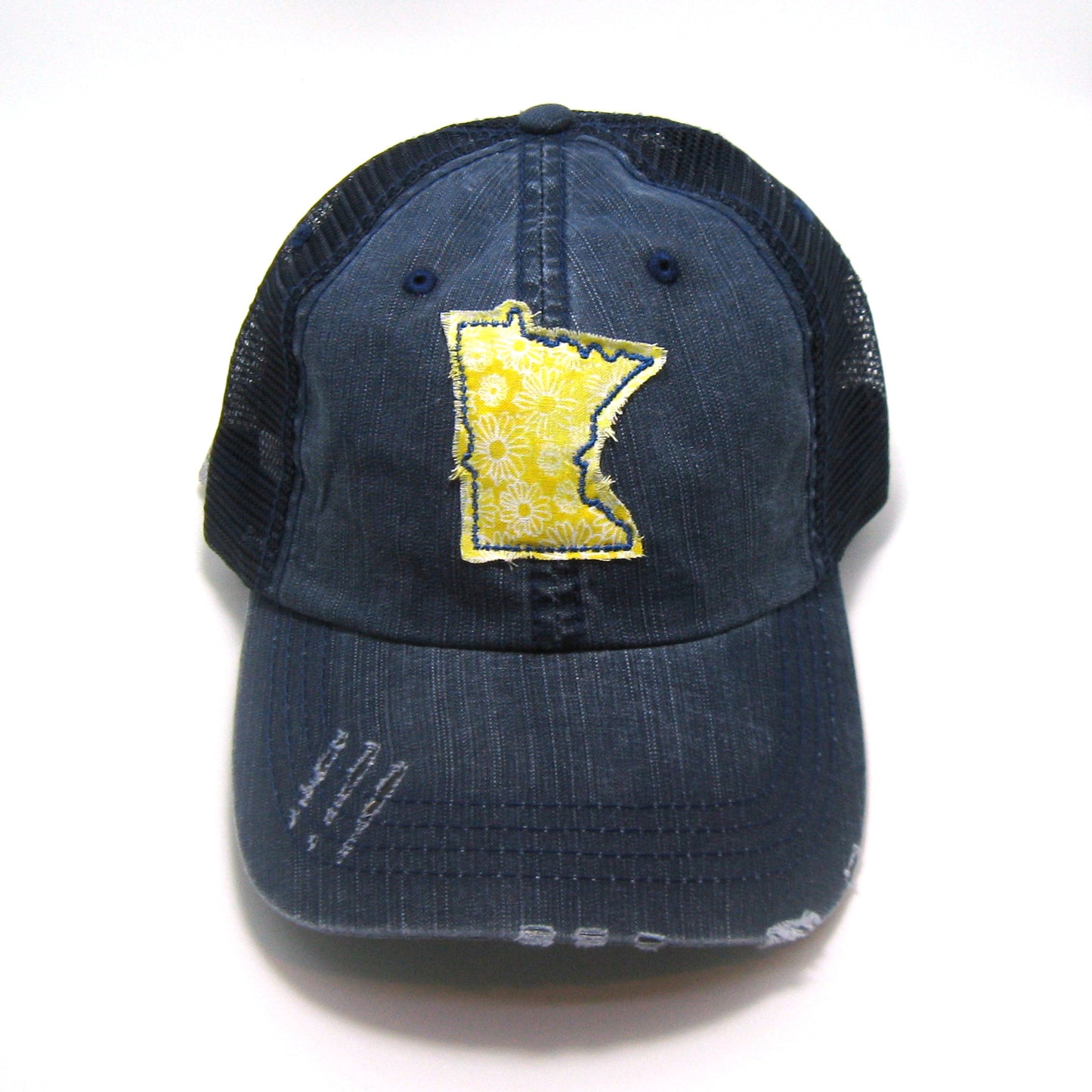 Minnesota Hat | Navy Distressed Trucker Cap | Many Fabric Choices