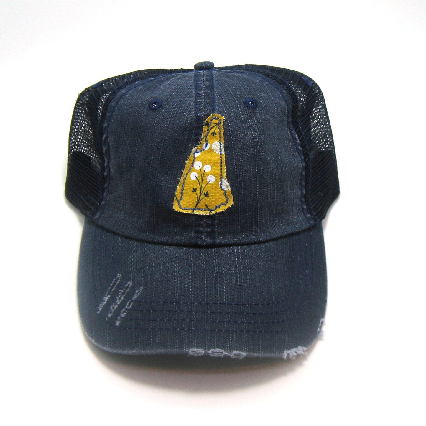 New Hampshire Hat | Navy Distressed Trucker Cap | Many Fabric Choices
