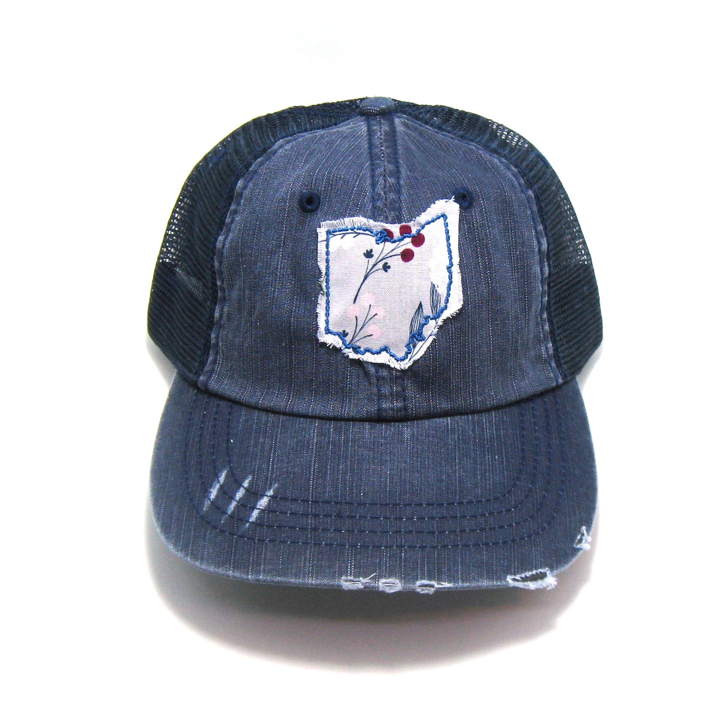 Ohio Hat | Navy Distressed Trucker Cap | Many Fabric Choices