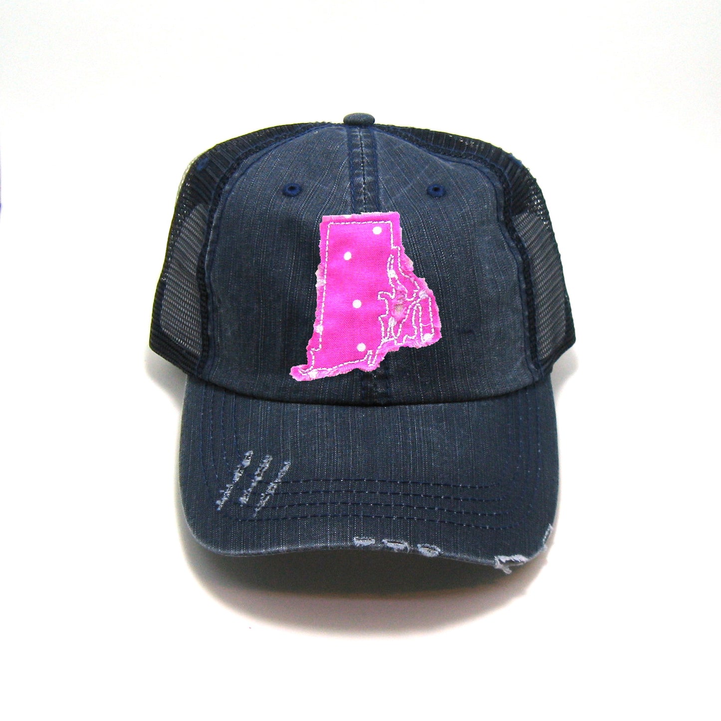 Rhode Island Hat | Navy Distressed Trucker Cap | Many Fabric Choices