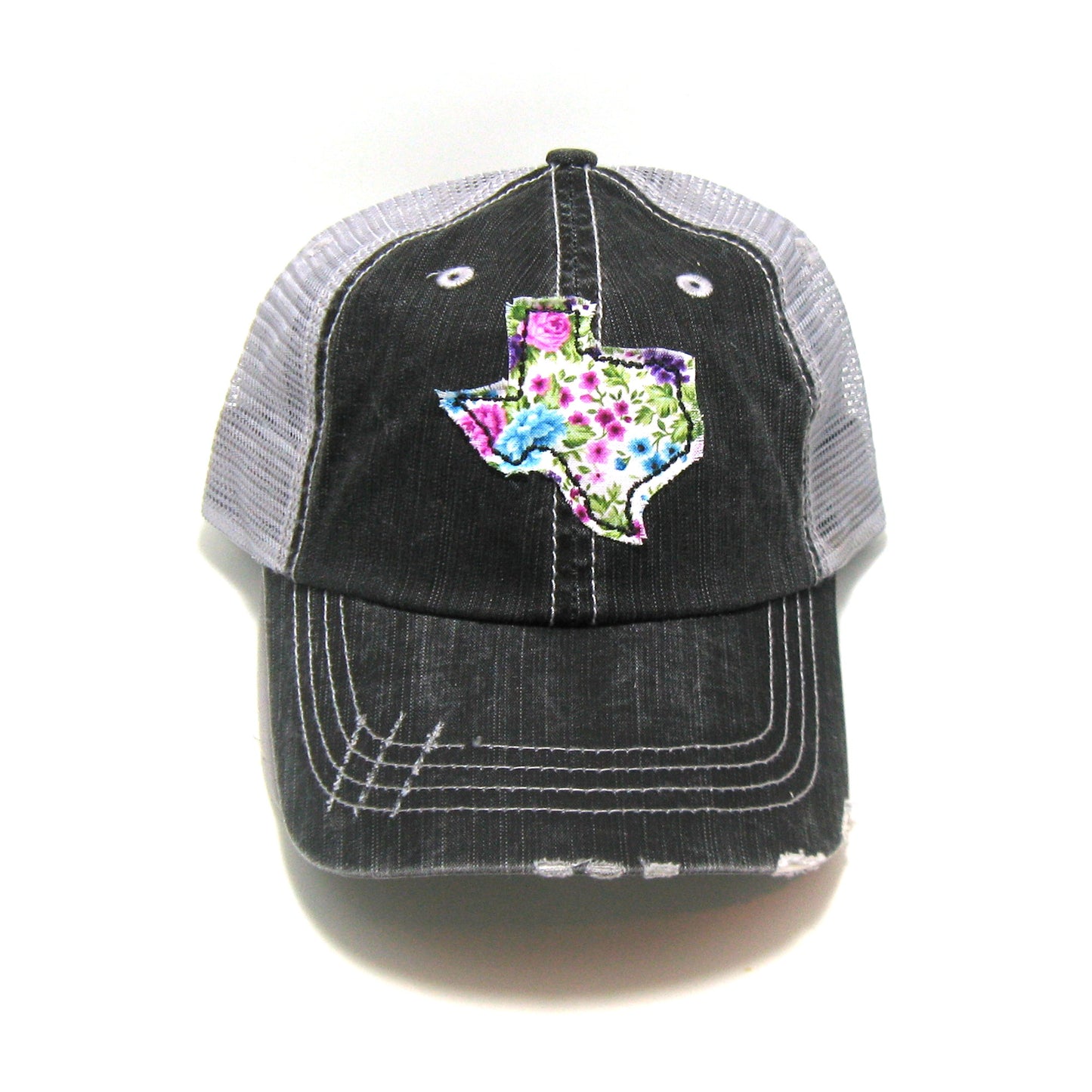 gray distressed trucker hat with gray floral fabric state of Texas