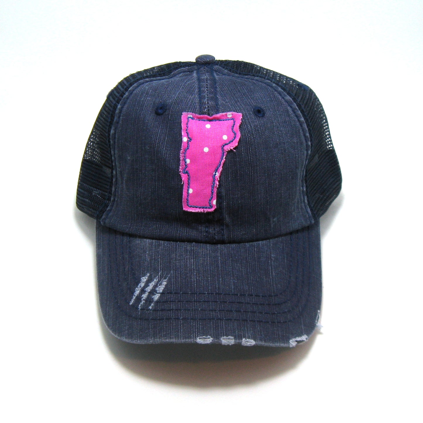 Vermont Hat | Navy Distressed Trucker Cap | Many Fabric Choices
