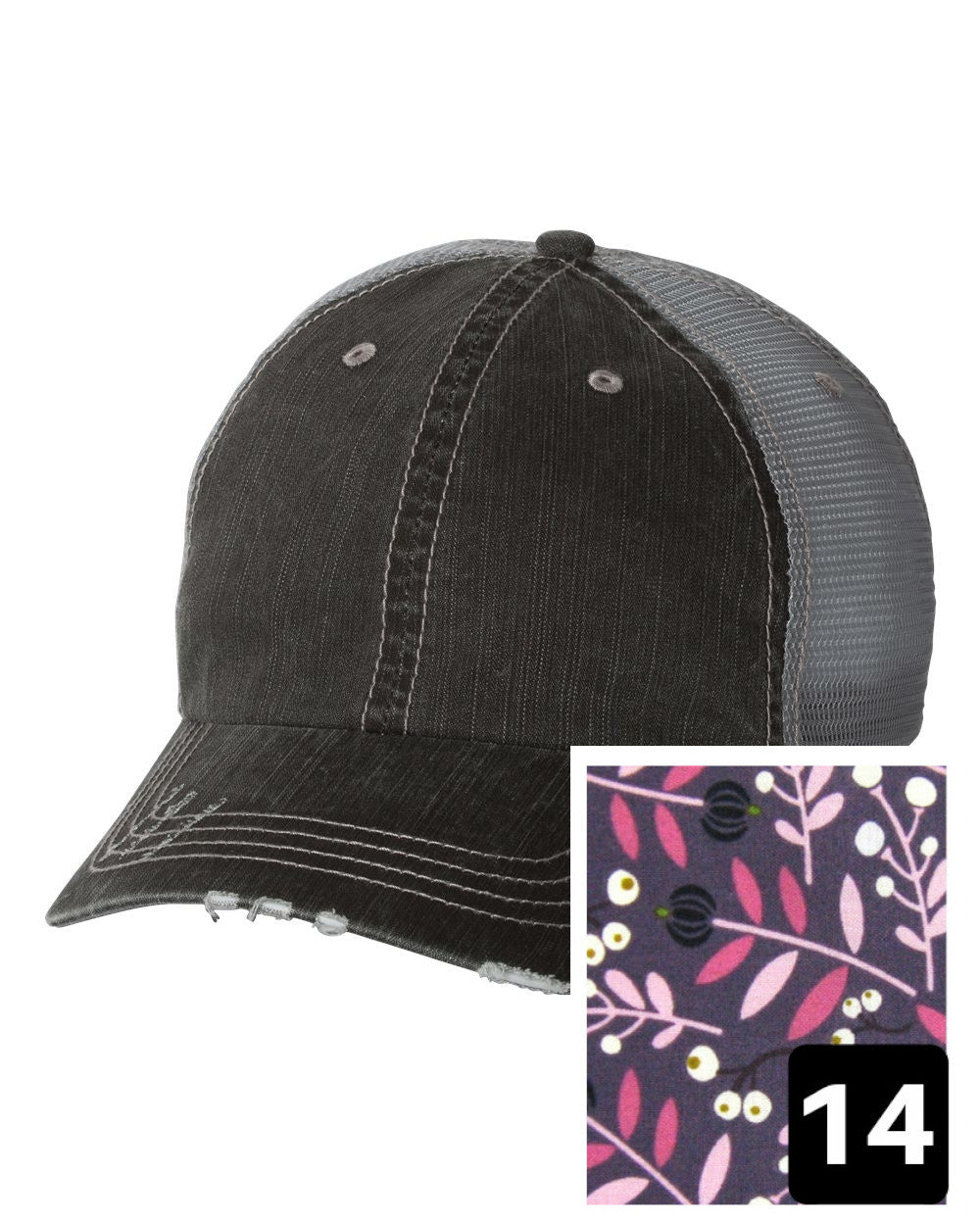 gray distressed trucker hat with gray white floral fabric state of North Dakota