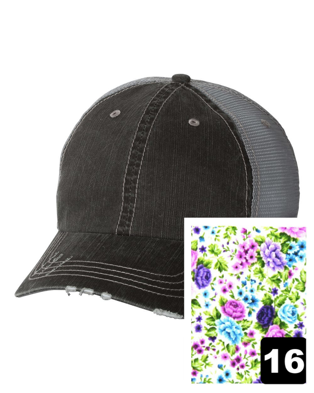 gray distressed trucker hat with watercolor floral fabric state of North Dakota