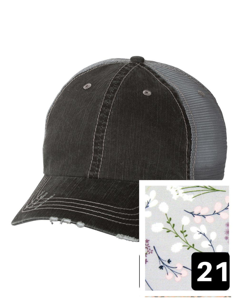 gray distressed trucker hat with yellow and white floral fabric state of North Dakota