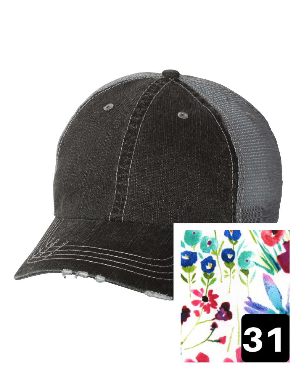 gray distressed trucker hat with gray polka dot fabric state of North Dakota