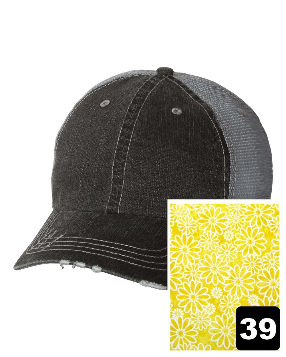 gray distressed trucker hat with orange floral fabric state of North Dakota
